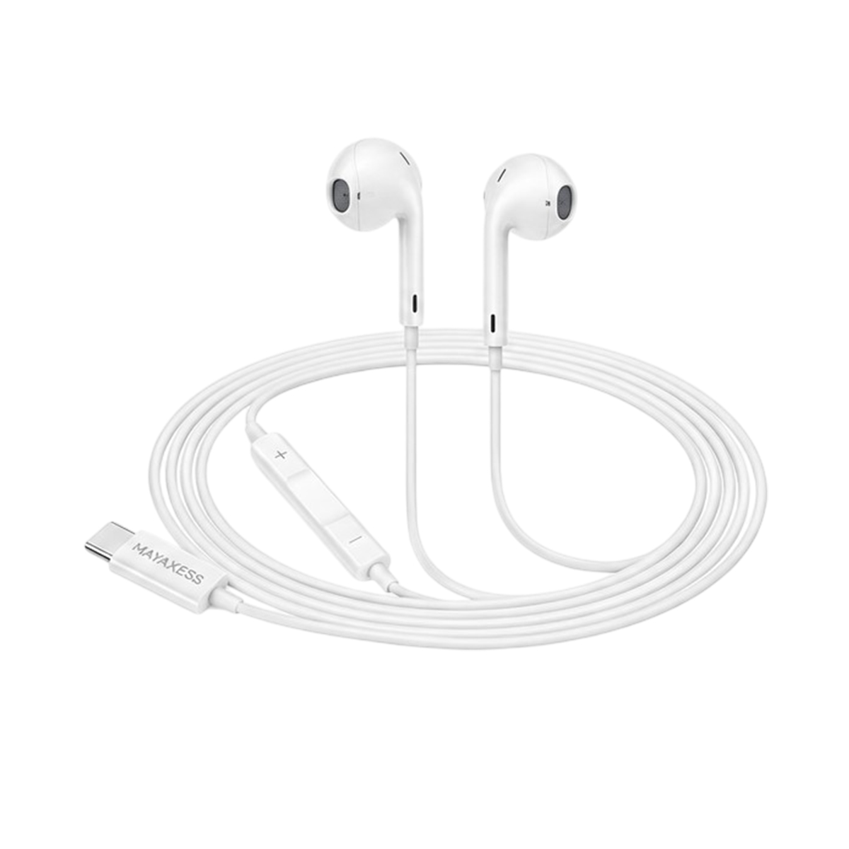 Auricolari bianchi in-ear con connettore USB-C e telecomando integrato.