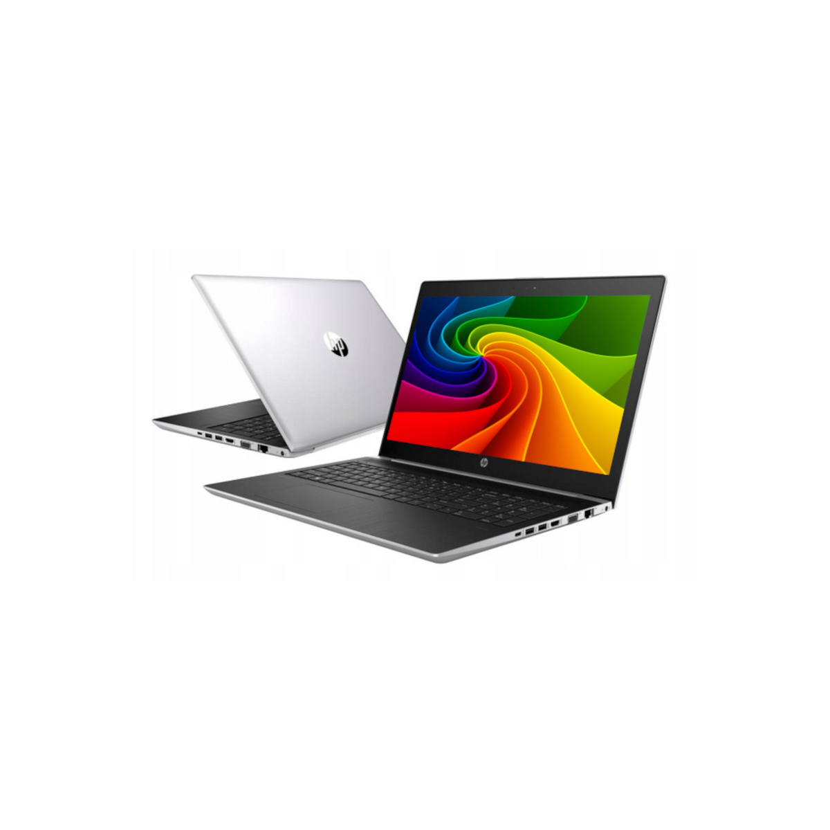 Zwei HP Laptops. Einer ist geöffnet und zeigt bunte Farben. Der andere ist geschlossen.