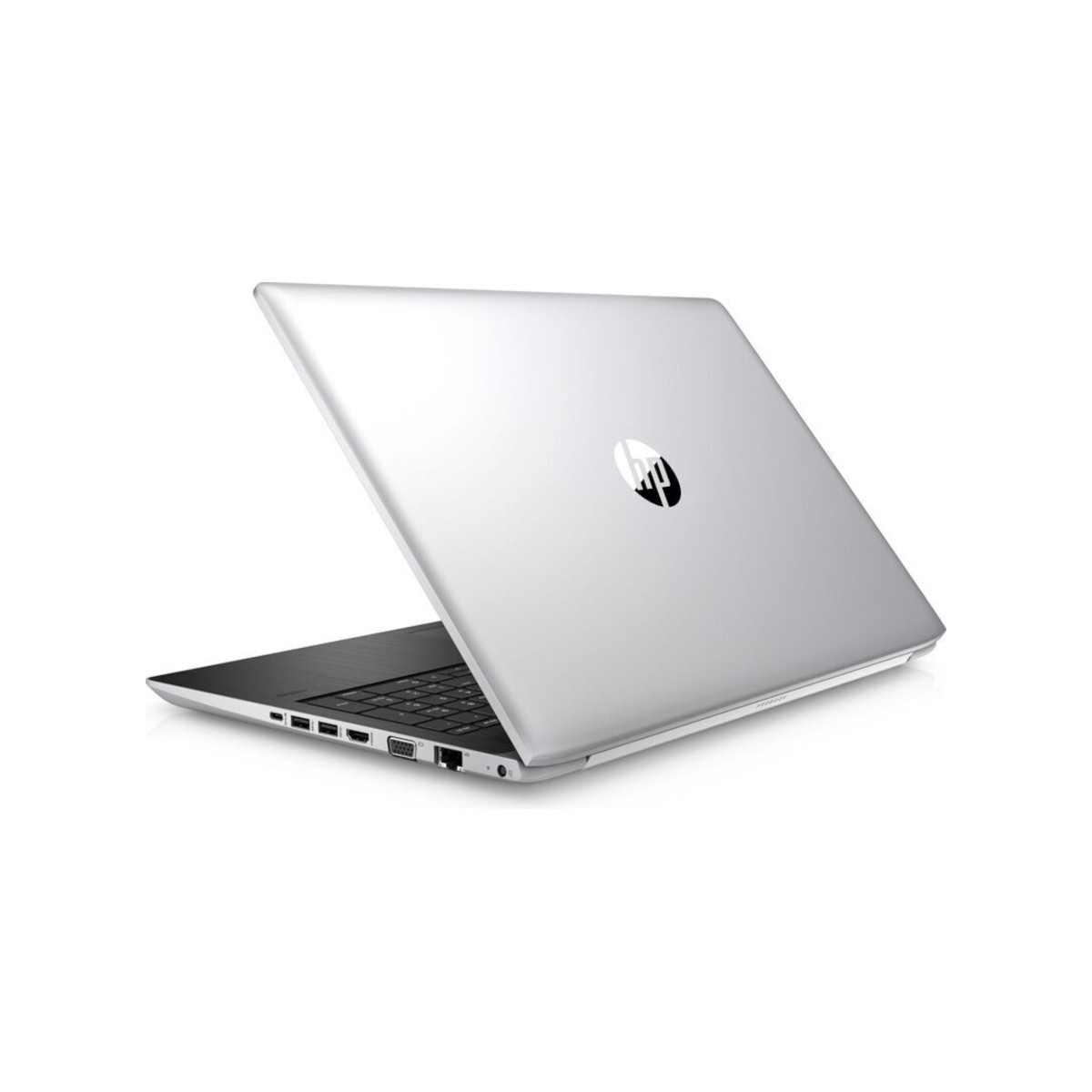 Ein silberner HP Laptop mit geöffnetem Deckel, der Tastatur und Anschlüsse zeigt.