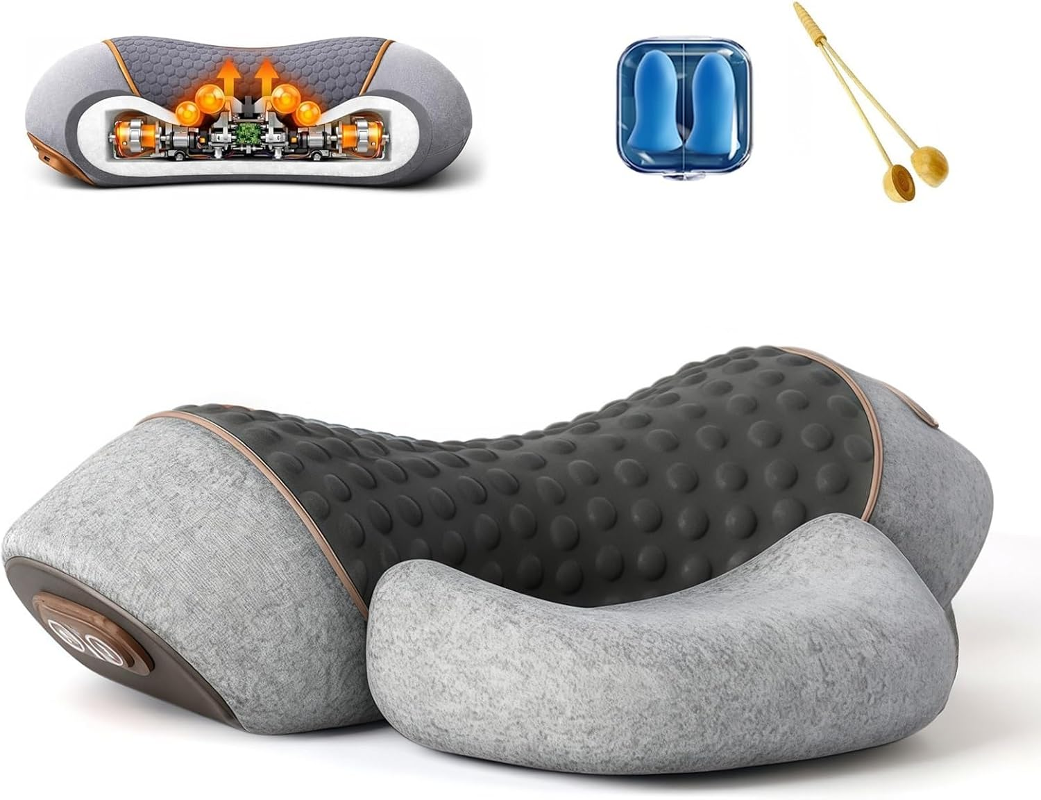Massagekissen mit internem Mechanismus, blauen Ohrstöpseln und Holzmassagegerät.