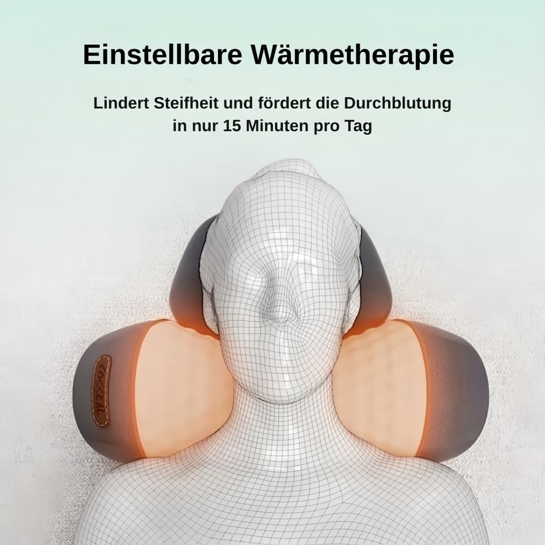 Eine Nackenmassagegerät mit Wärmefunktion auf einem schematischen Kopf.