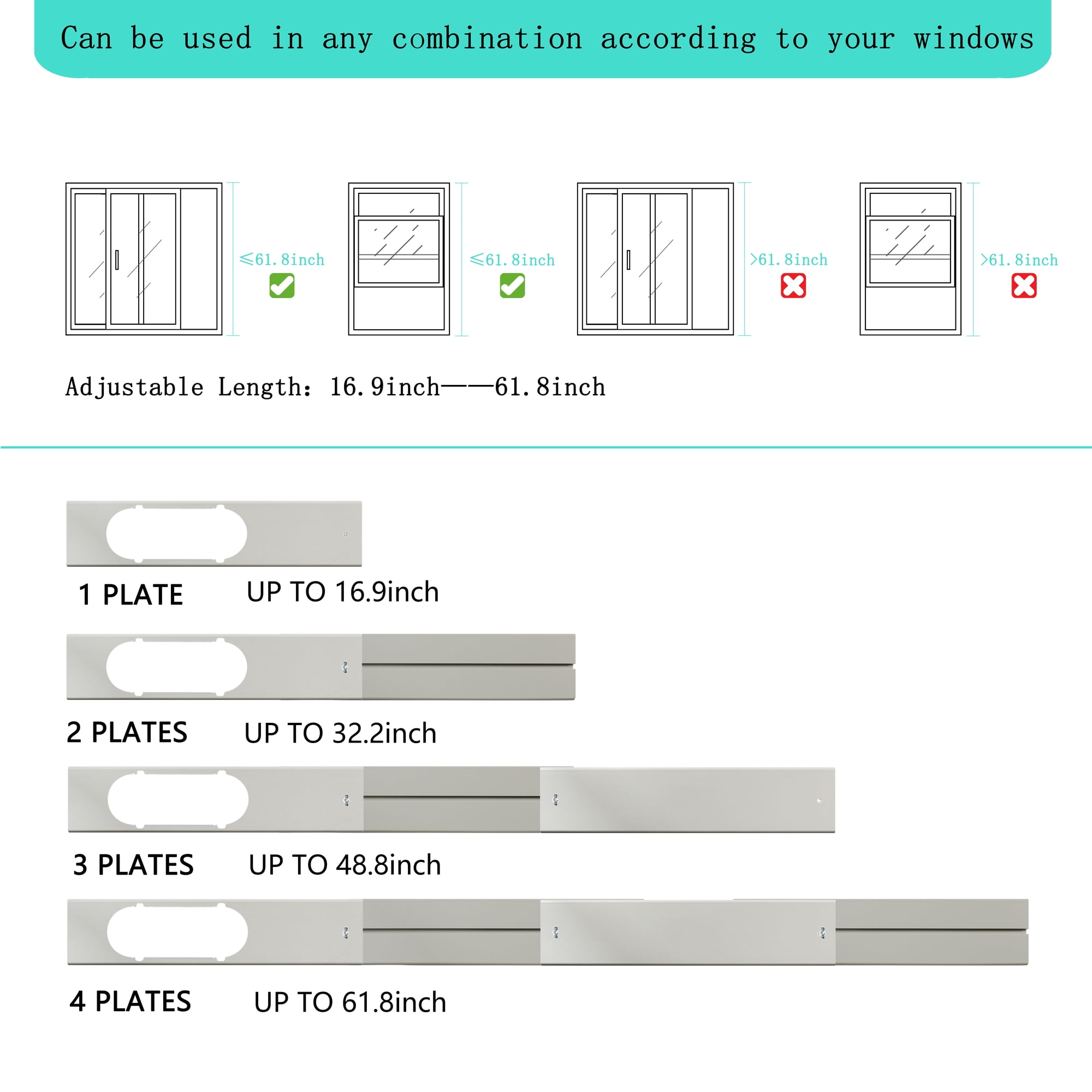 Diagramm zeigt Fenstergrößen und Plattenlängen. Verstellbar von 16,9 bis 61,8 Zoll.