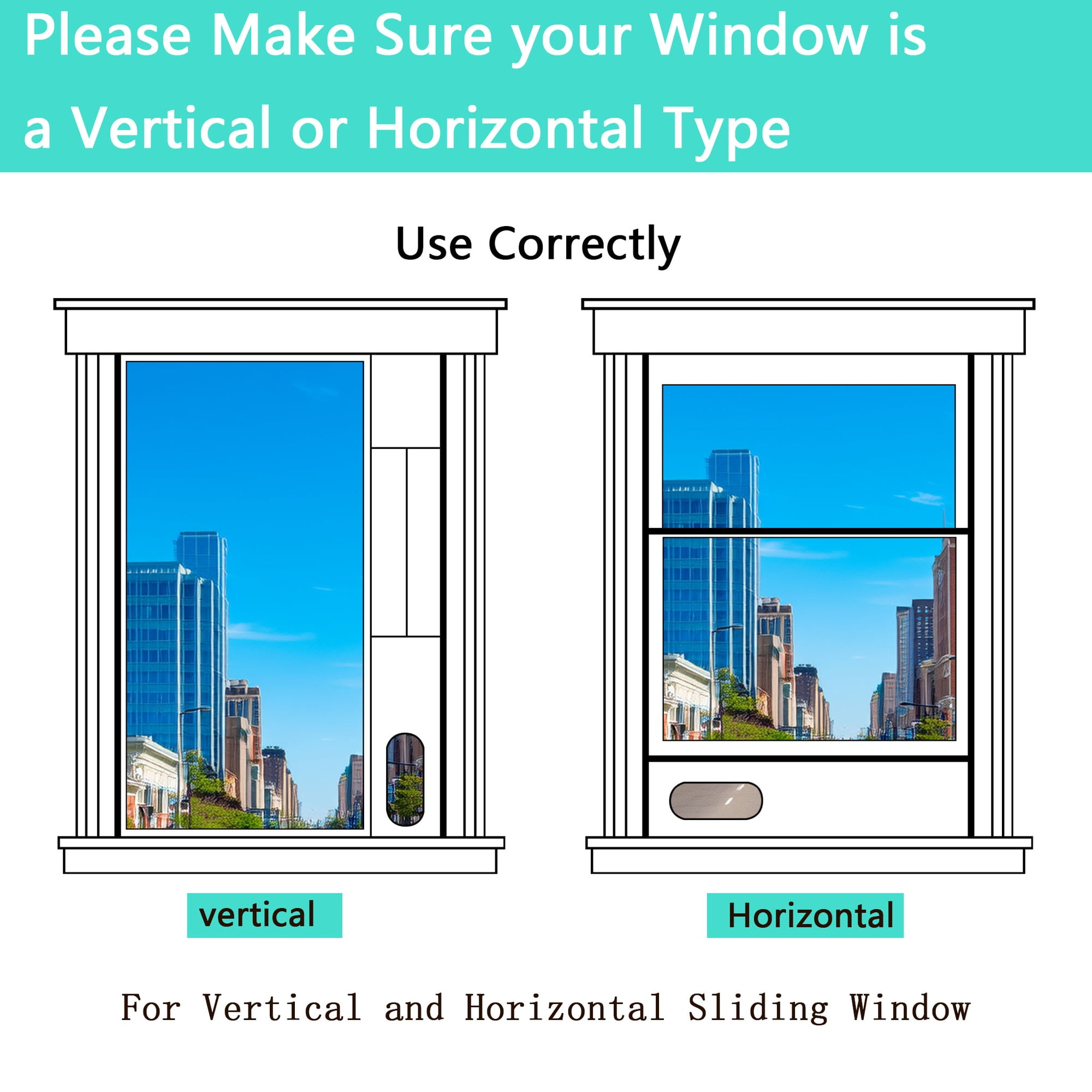 Illustration zeigt vertikale und horizontale Schiebefenster mit Stadtansichten.