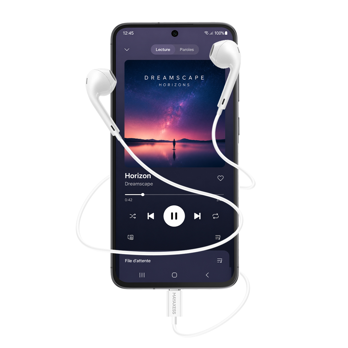 Uno smartphone con auricolari che riproduce musica. Lo schermo mostra un paesaggio.