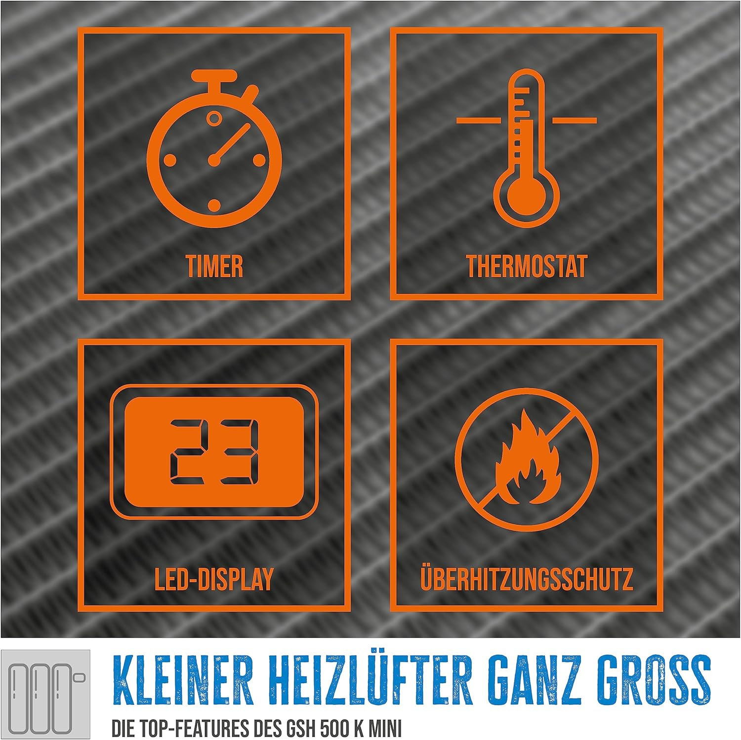Symbole für Timer, Thermostat, LED-Display und Überhitzungsschutz.