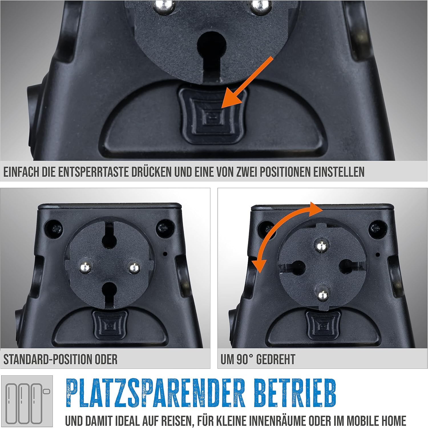 Schwarzer Adapter in Standard- und 90-Grad-Drehpositionen für platzsparende Nutzung.