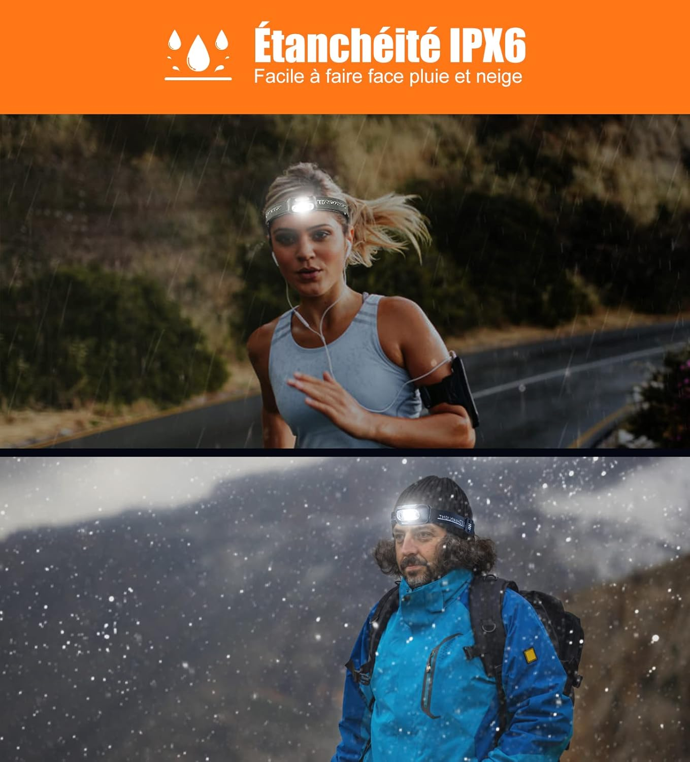 Frau mit Stirnlampe beim Laufen im Regen; Mann mit Stirnlampe im Schnee.