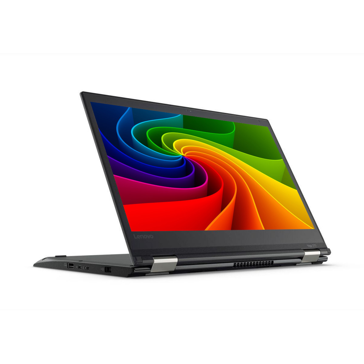 Ein schwarzes Lenovo Yoga 370 Laptop mit einem bunten Regenbogen-Hintergrund.