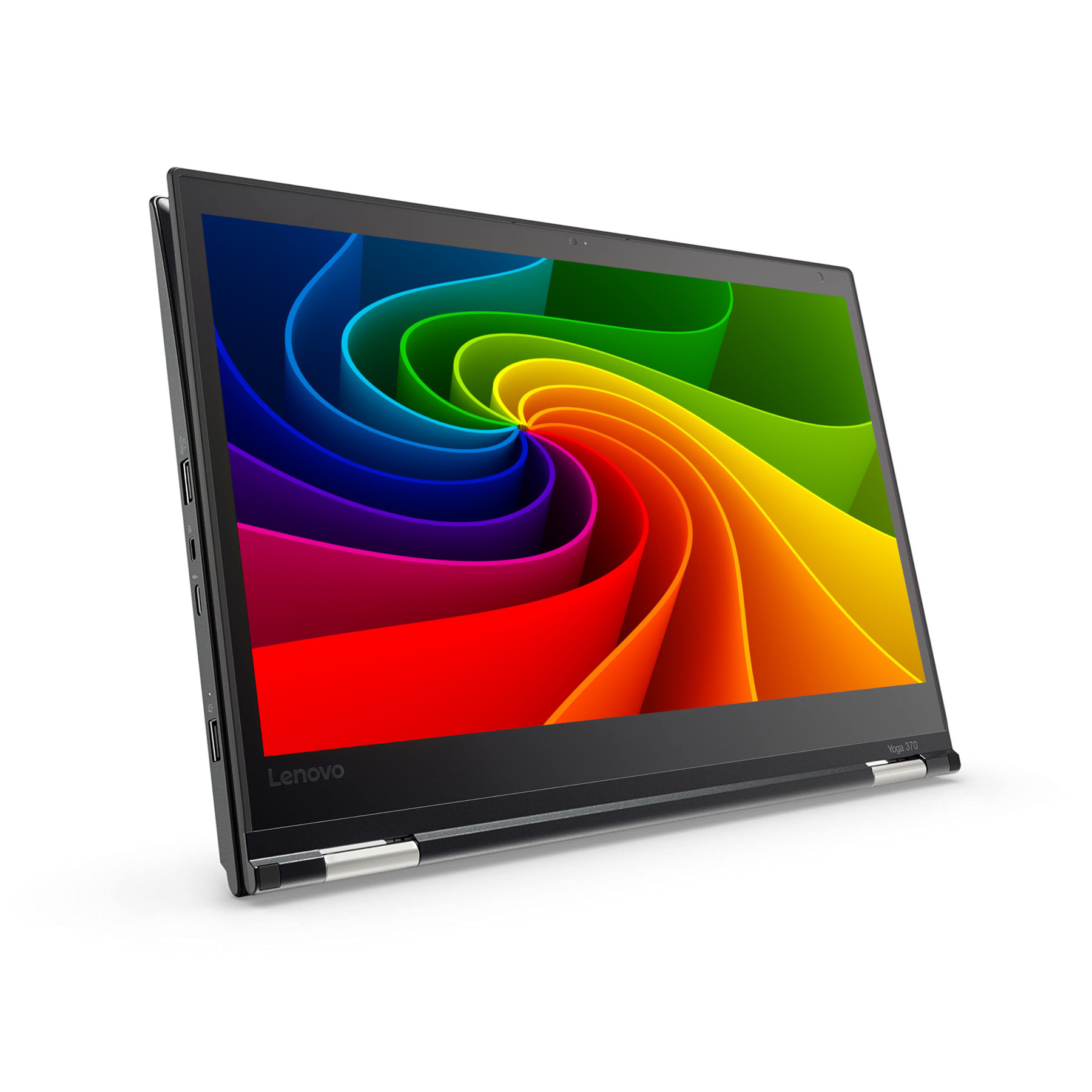 Ein schwarzes Lenovo Yoga 370 Laptop mit einem bunten Wirbelmuster auf dem Bildschirm.