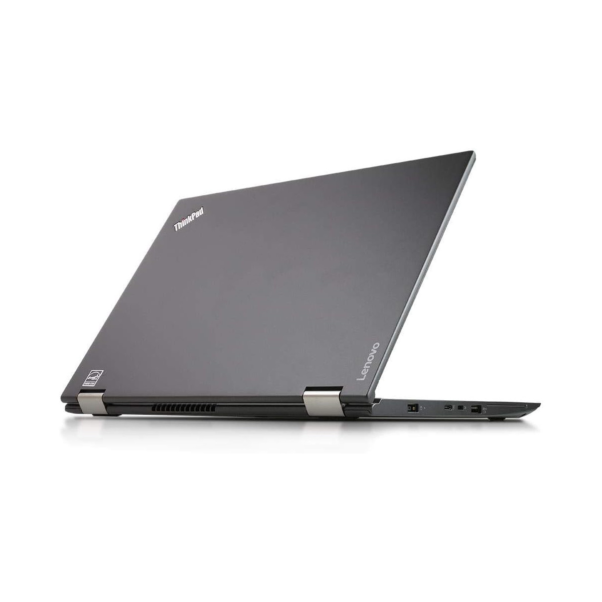 Ein grauer Lenovo ThinkPad Laptop im 3/4 Profil, auf weißem Hintergrund.