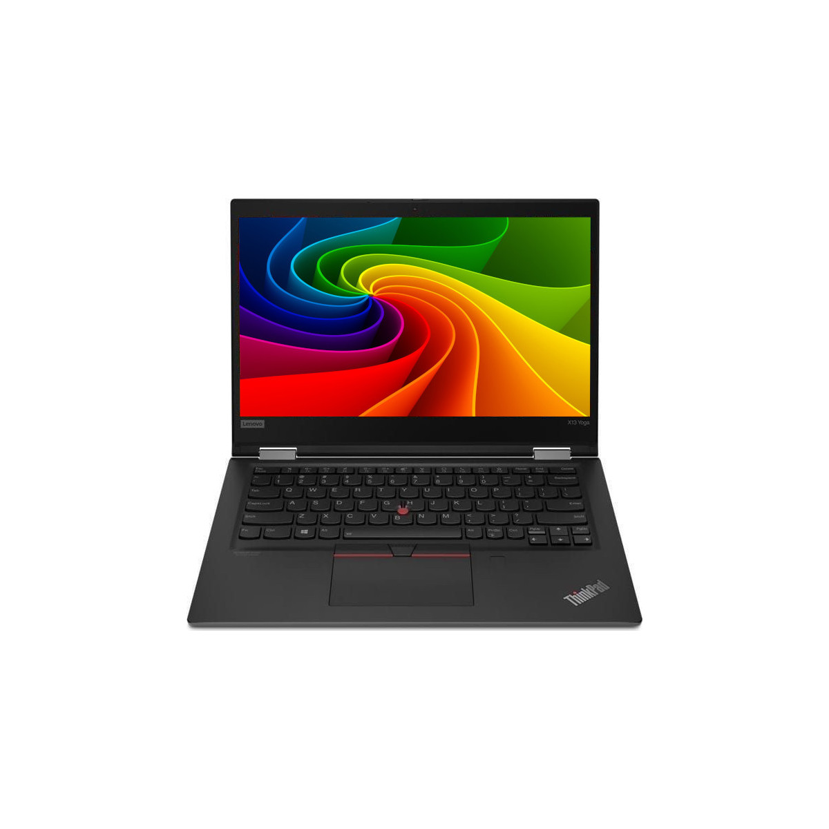 Ein offener schwarzer Laptop mit einem bunten, wirbelnden Muster auf dem Bildschirm.