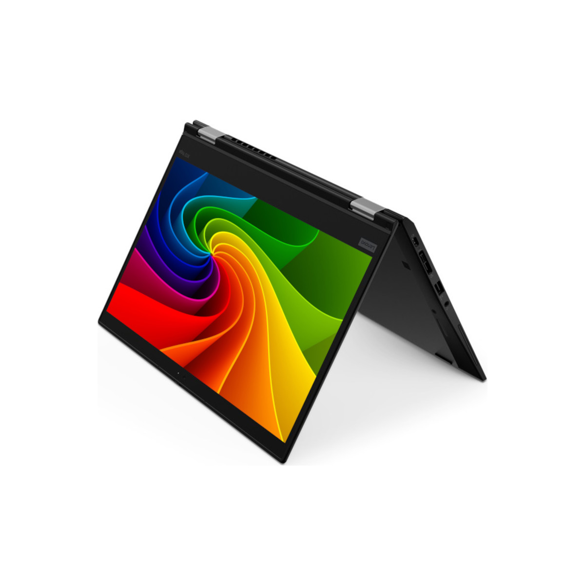 Ein offenes schwarzes Lenovo Yoga Convertible Laptop mit bunter Wirbel-Hintergrundgrafik.