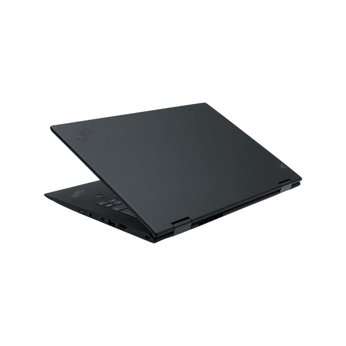 Ein schwarzer Laptop, teilweise geöffnet, mit Tastatur und Anschlüssen sichtbar.
