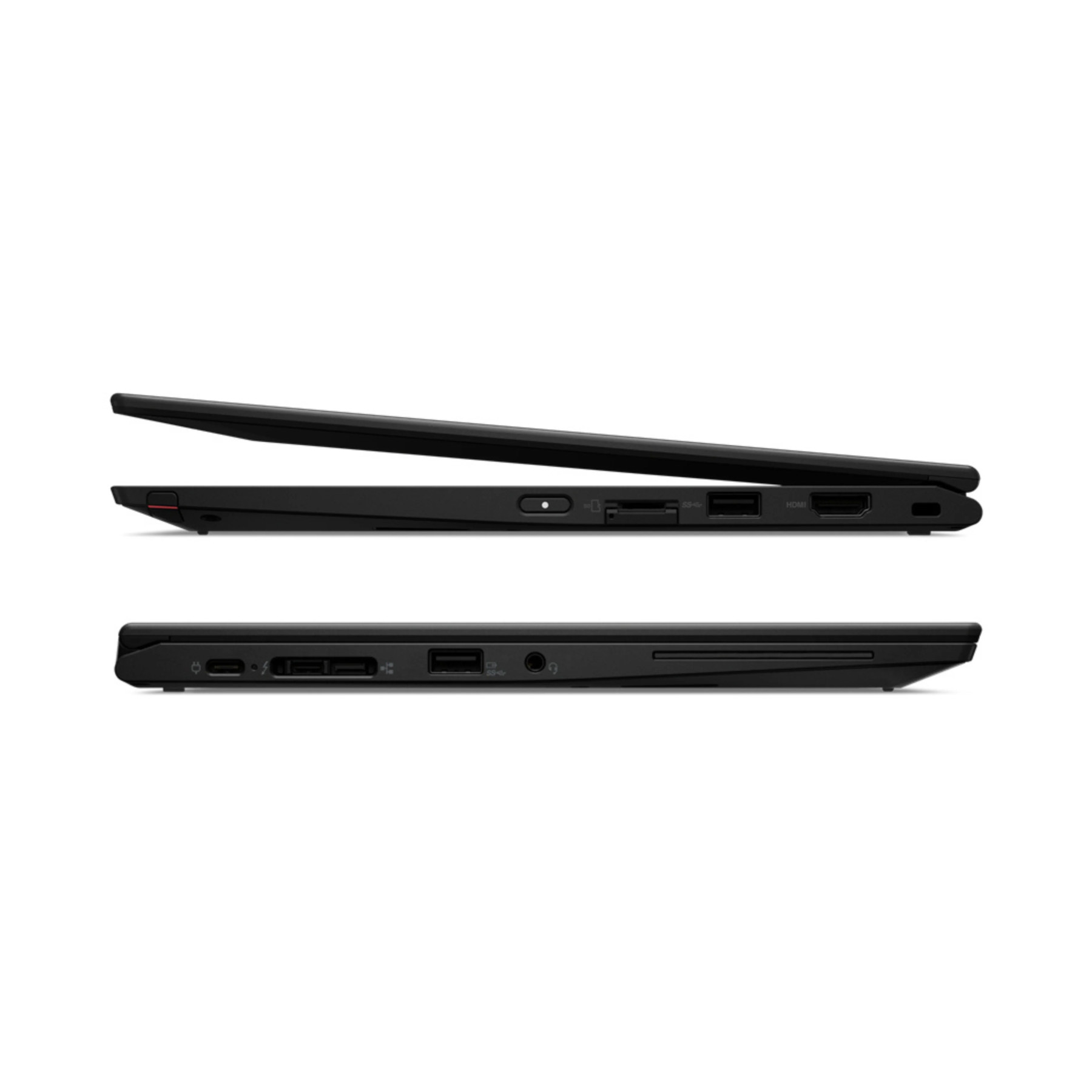 Schwarzer Laptop mit Anschlüssen an der Seite: USB-C, HDMI, USB-A.
