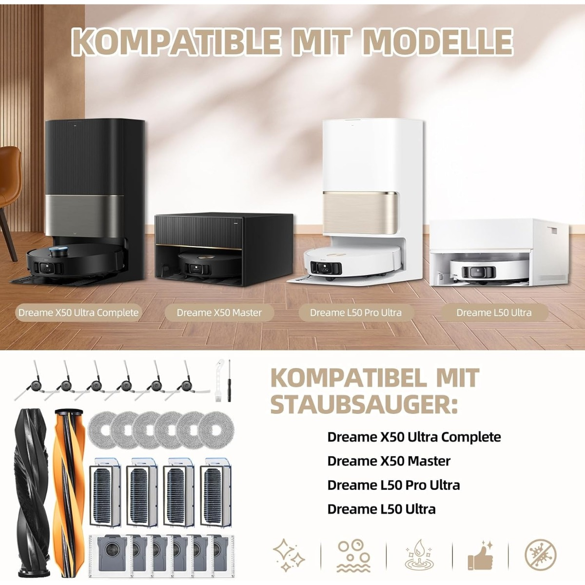 Reinigungsroboter-Modelle und Zubehör. Kompatibel mit verschiedenen Saugern.