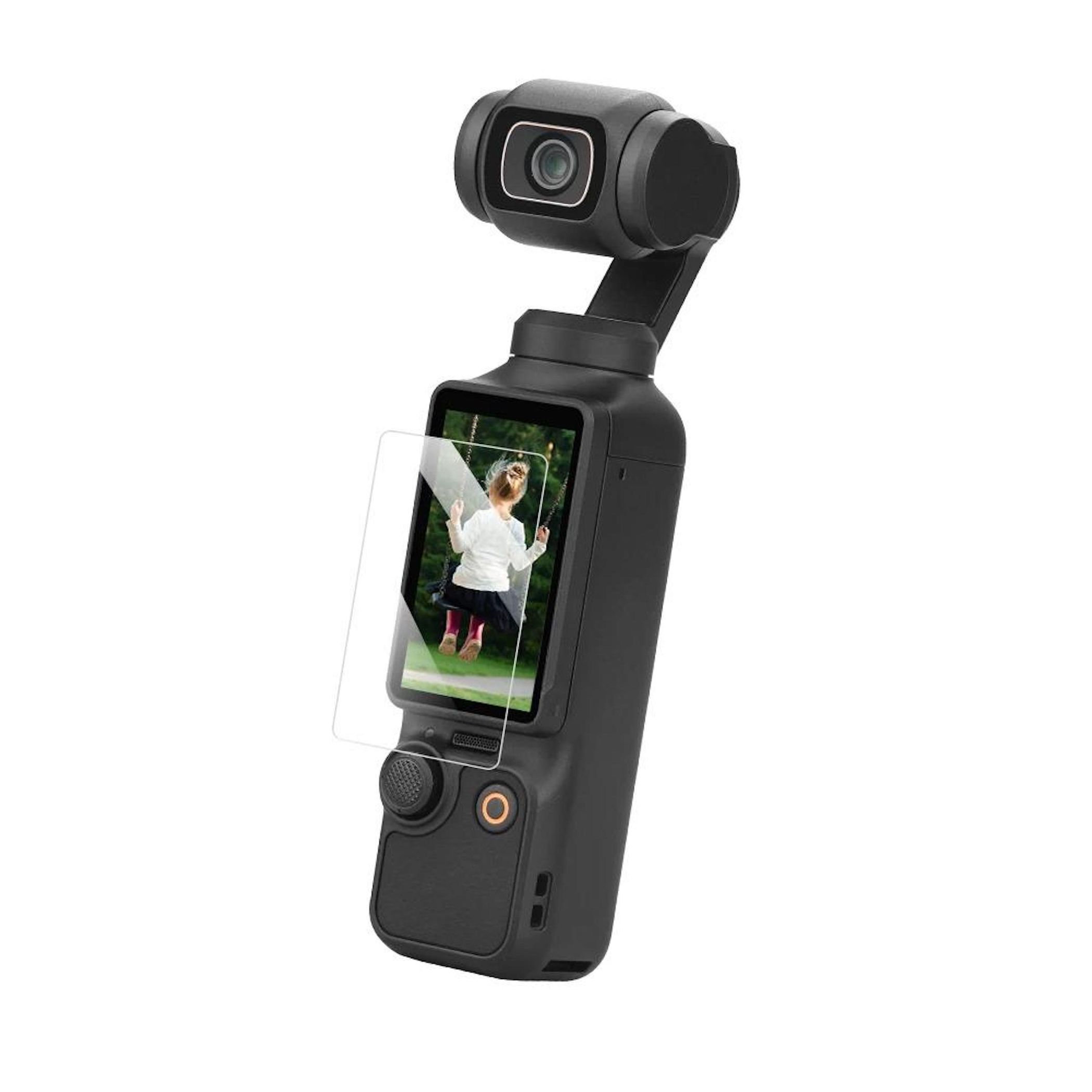 Schwarze Kamera mit Gimbal, Bildschirm zeigt ein Mädchen auf einer Schaukel.