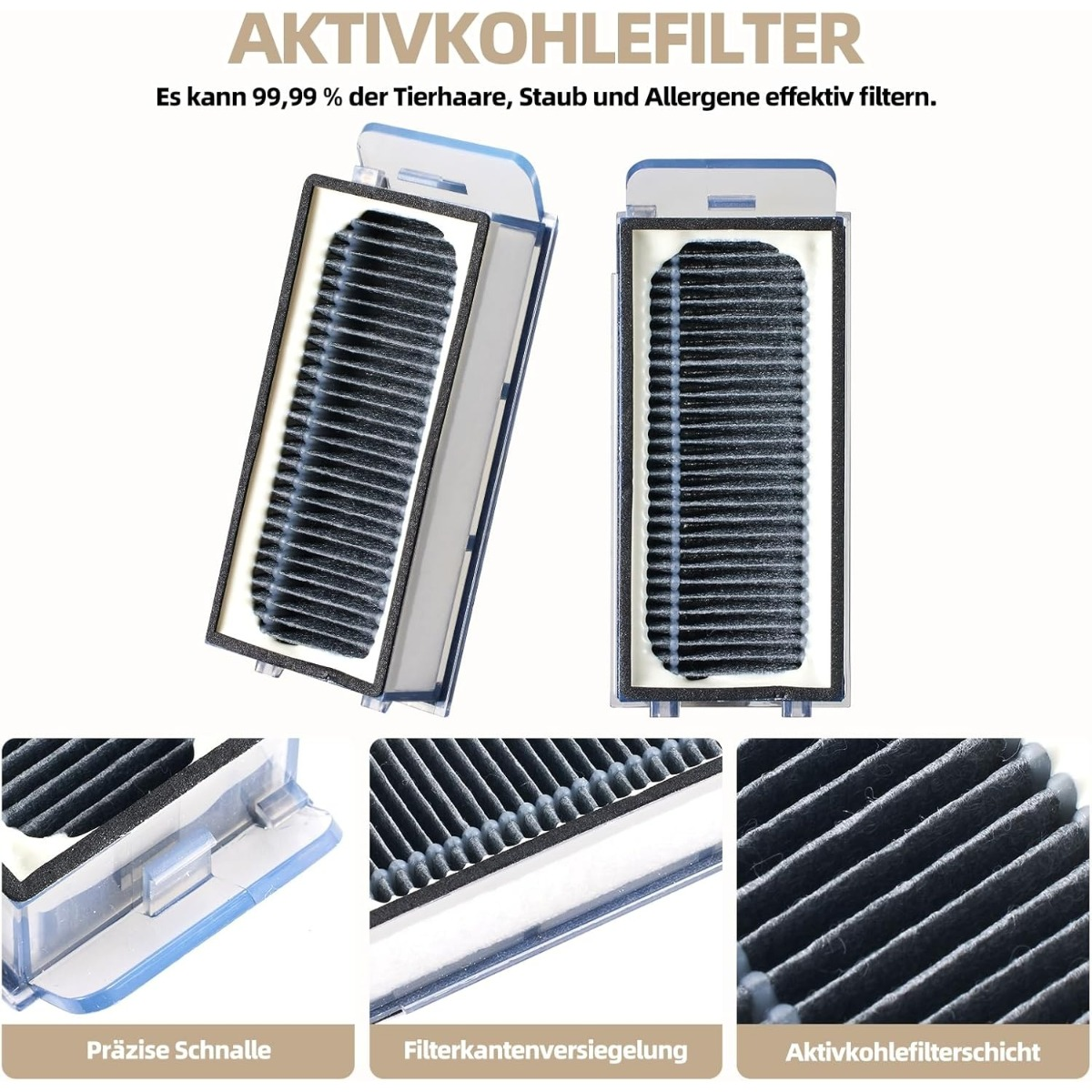 Aktivkohlefilter mit feinen Lamellen, Präzisionsschnalle und Abdichtung.