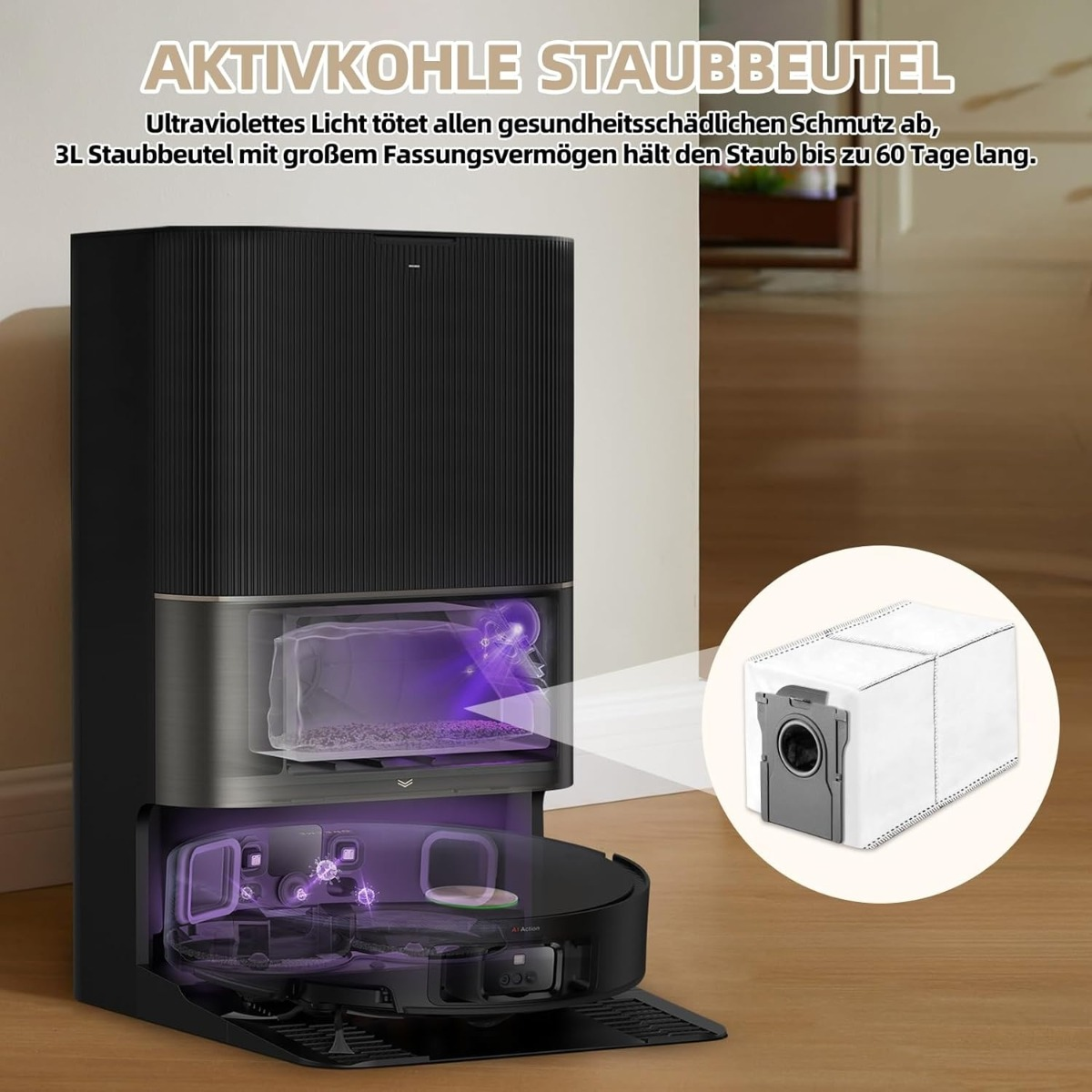 Ein schwarzer Staubsaugerroboter mit Ladestation. UV-Licht und Staubbeutel.