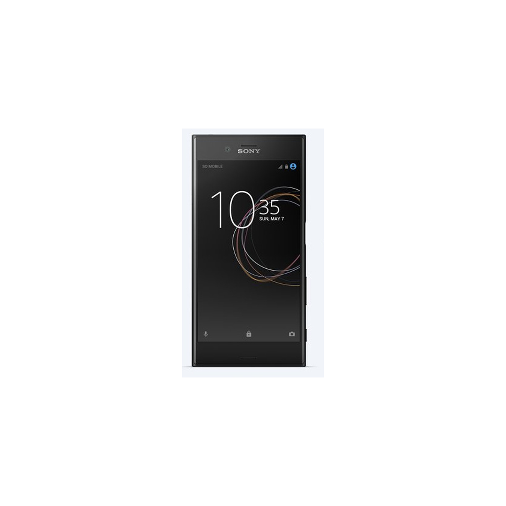 Schwarzes Sony Smartphone zeigt 10:35 Uhr und Datum an.