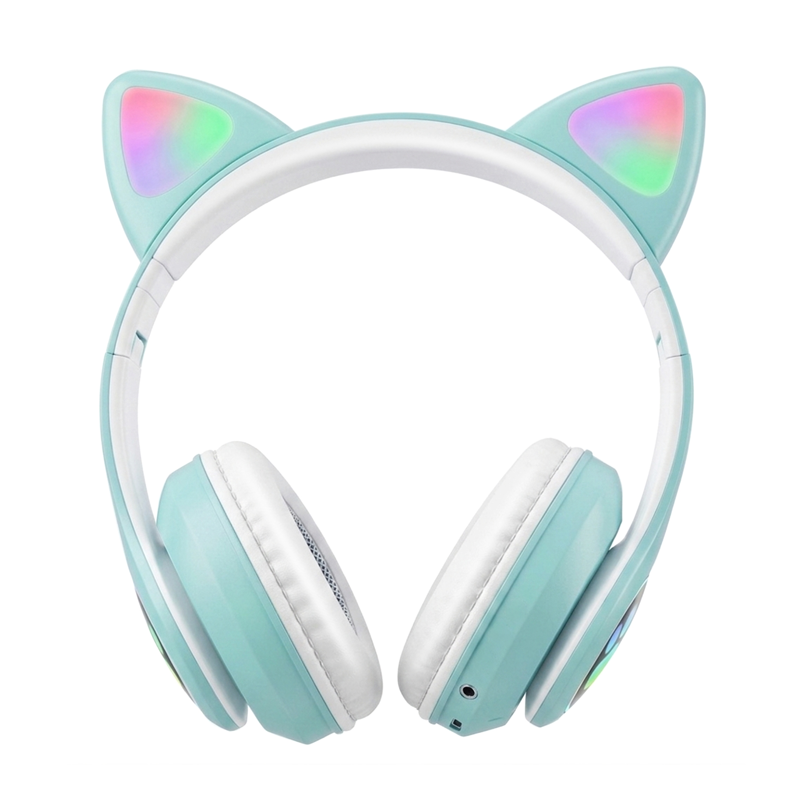 Cuffie azzurre con orecchie da gatto e luci colorate.