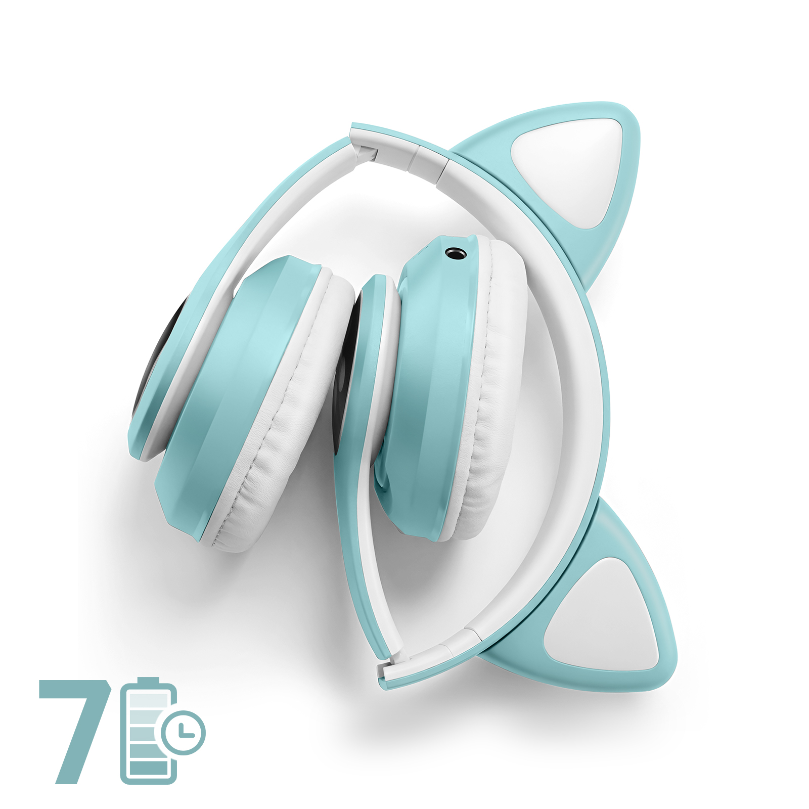 Cuffie azzurro chiaro con orecchie da gatto e indicatore batteria che mostra '7'.