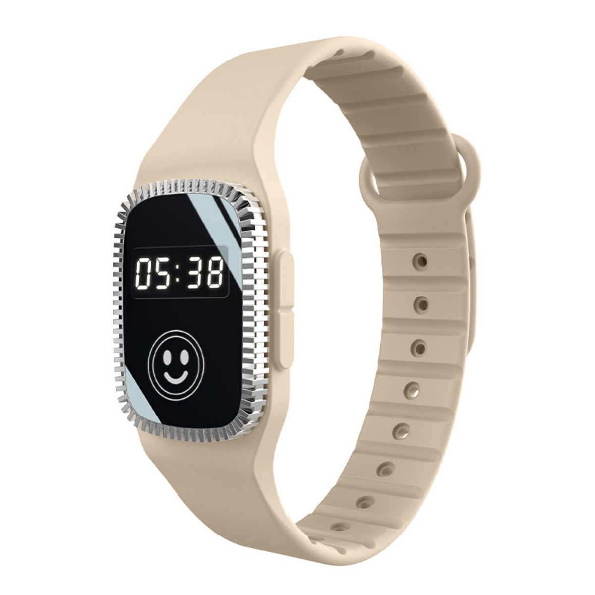 Eine beige digitale Armbanduhr zeigt 05:38 und ein lachendes Gesicht.