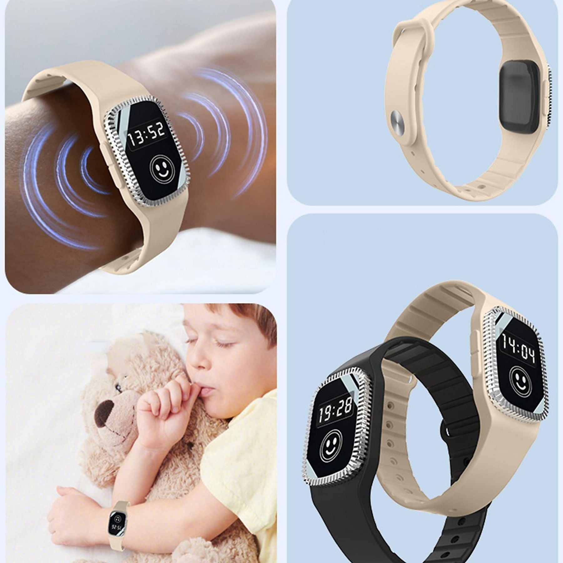 Eine Sandfarbene Smartwatch wird am Handgelenk getragen, daneben eine weitere Uhr.