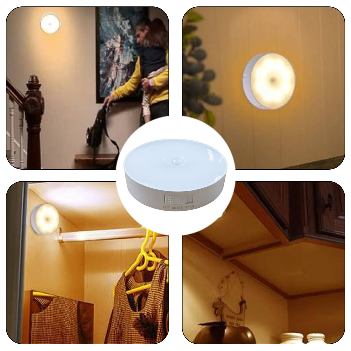 Collage von Bewegungssensoren: Treppenhaus, Wand, Schrank und Produktdetail.