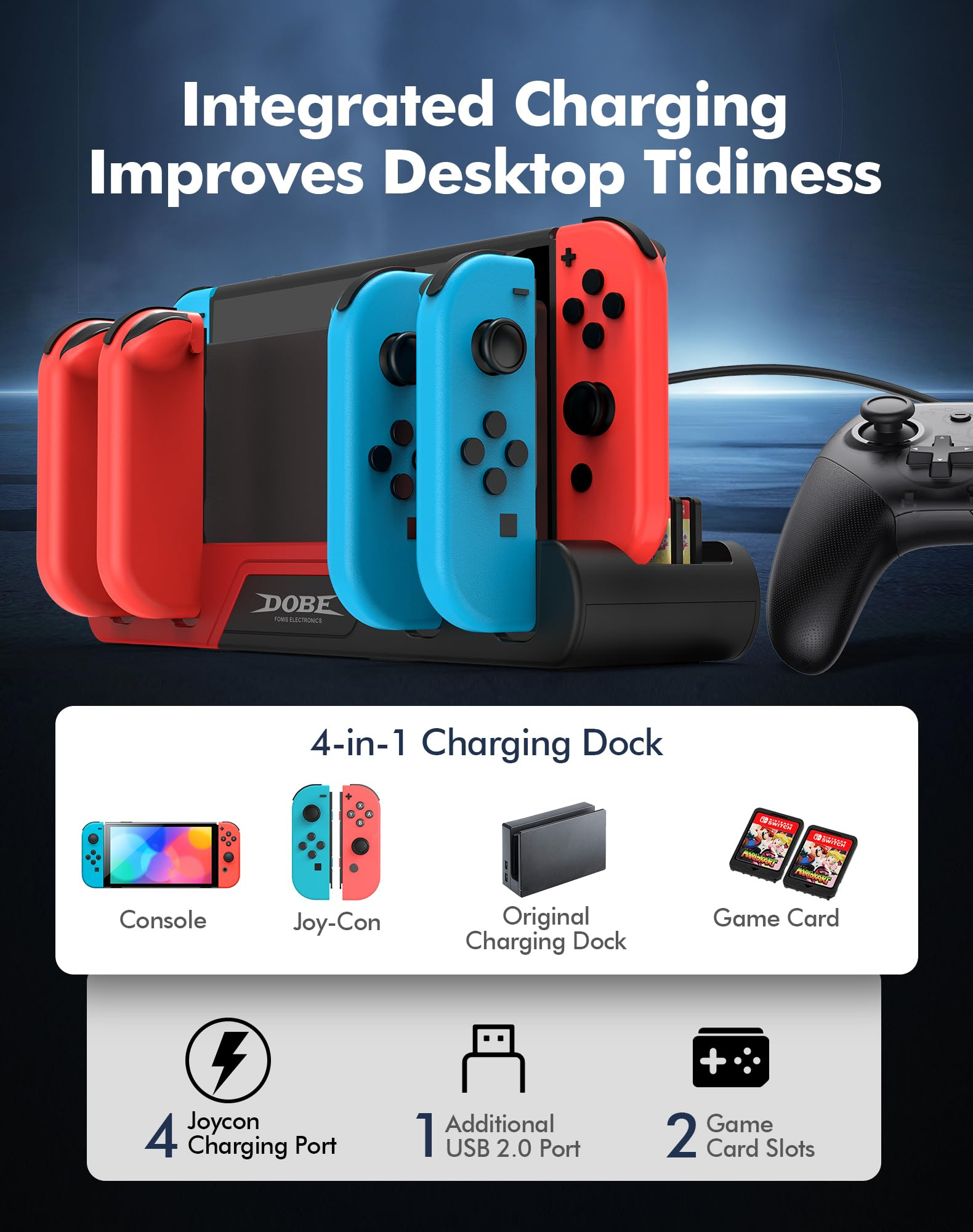 Lade dock für Nintendo Switch mit Joy-Cons, Controller und Spielen.
