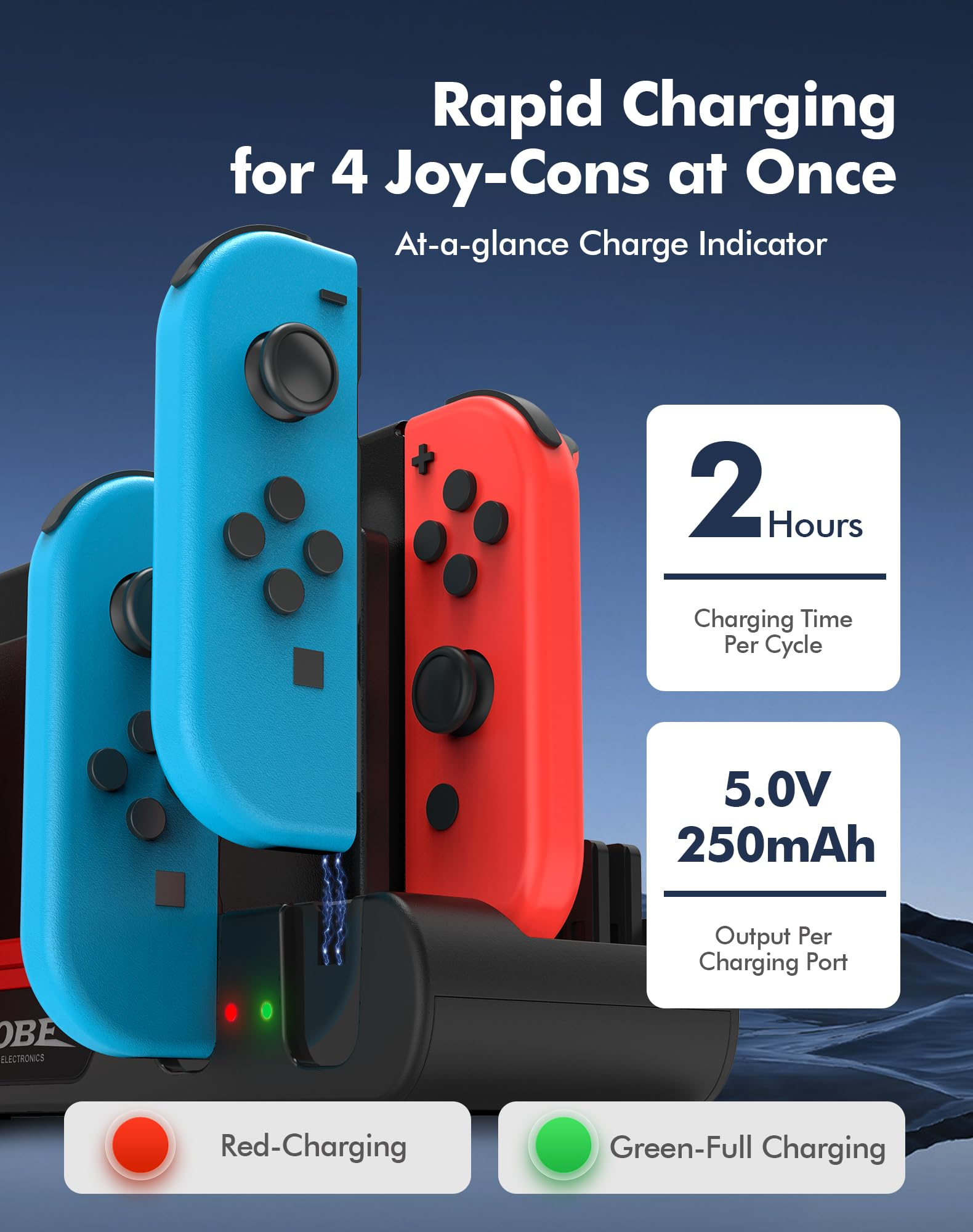 Ladestation für 4 Joy-Cons mit Ladeanzeige und 2 Stunden Ladezeit.