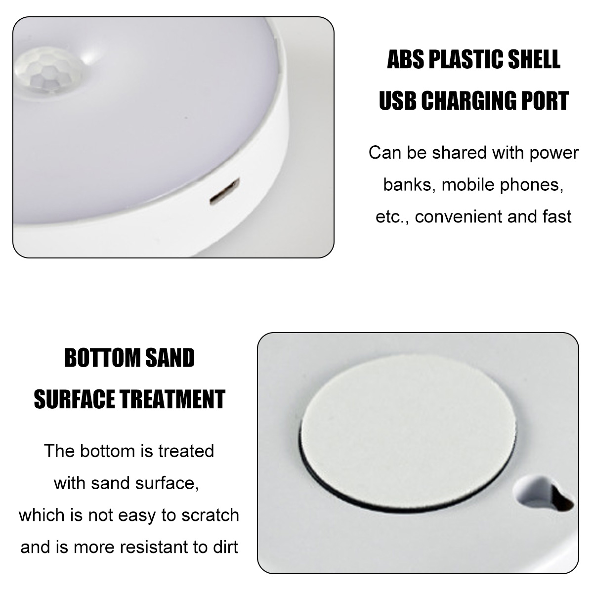 Runde weiße Lampe mit USB-Anschluss und Bewegungssensor. Unterseite sandig.