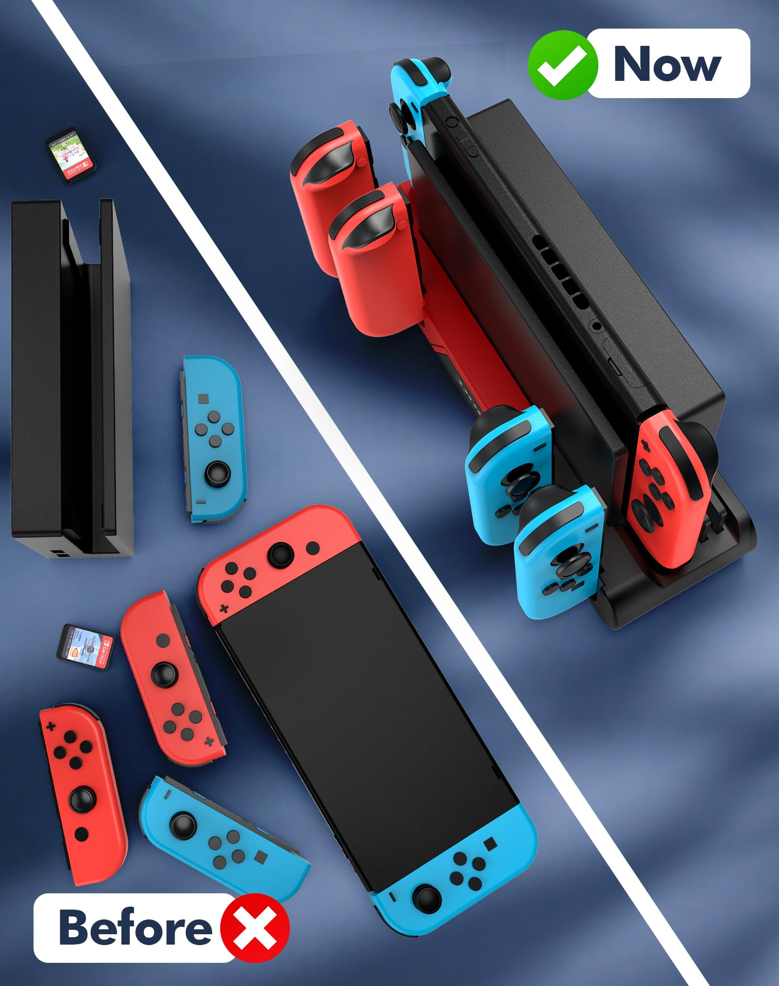 Vorher und nachher: Nintendo Switch Konsole, Controller und Dock.