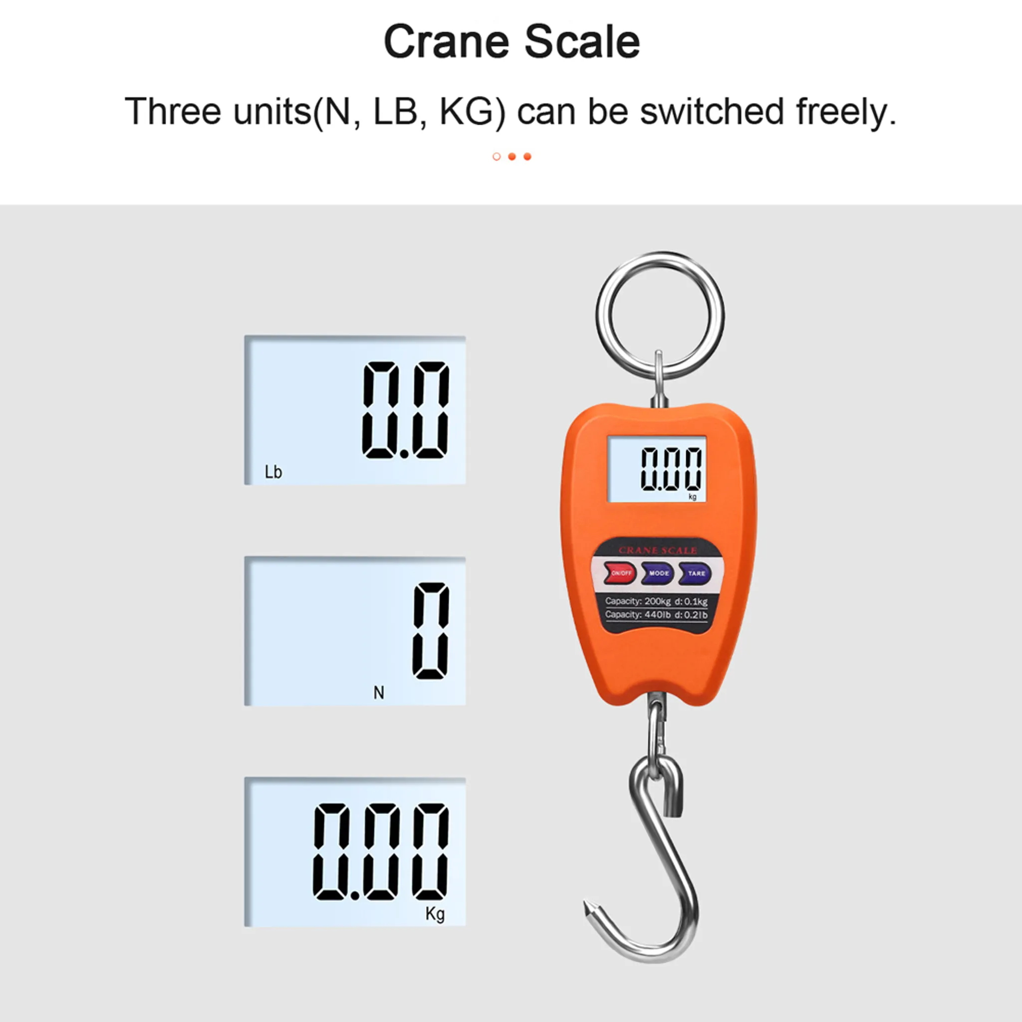 Orange Kranwaage mit Digitalanzeigen, die 0,00, 0 und 0,00 anzeigen.