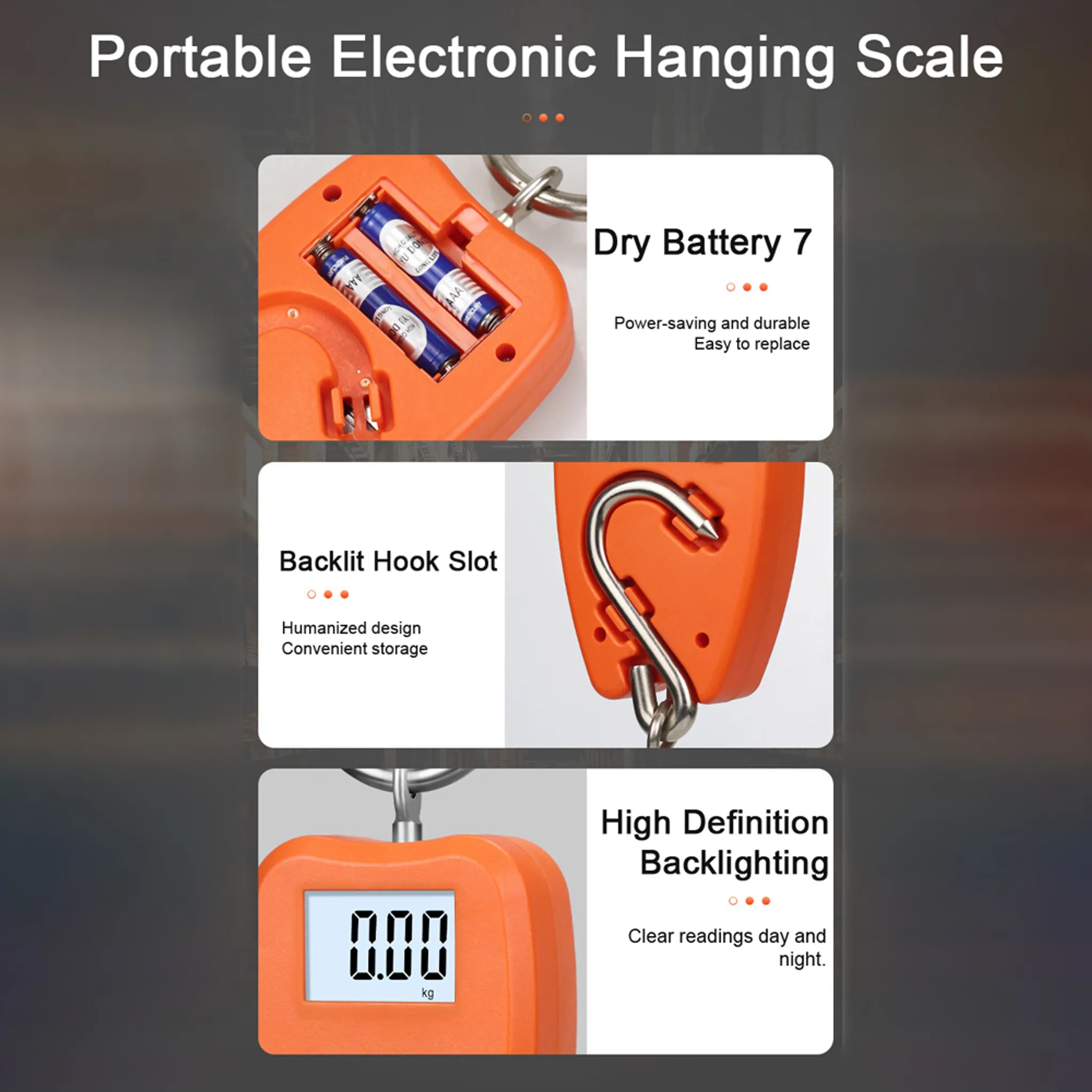 Orangene Waage mit digitaler Anzeige, Haken und Batteriefach.