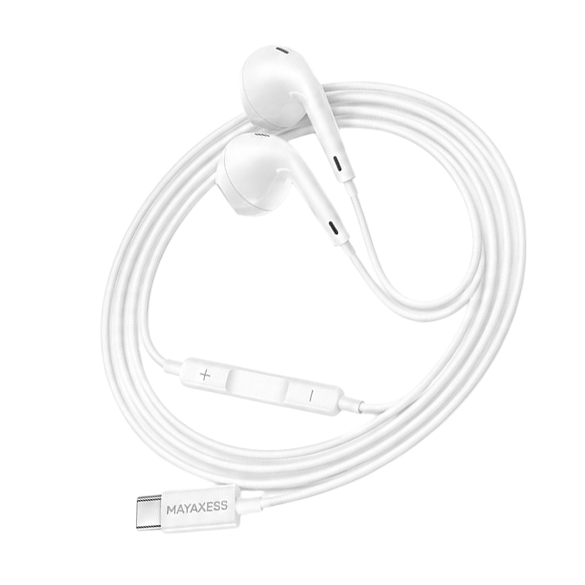 Auricolari bianchi in-ear con connettore USB-C e controlli in linea su sfondo bianco.