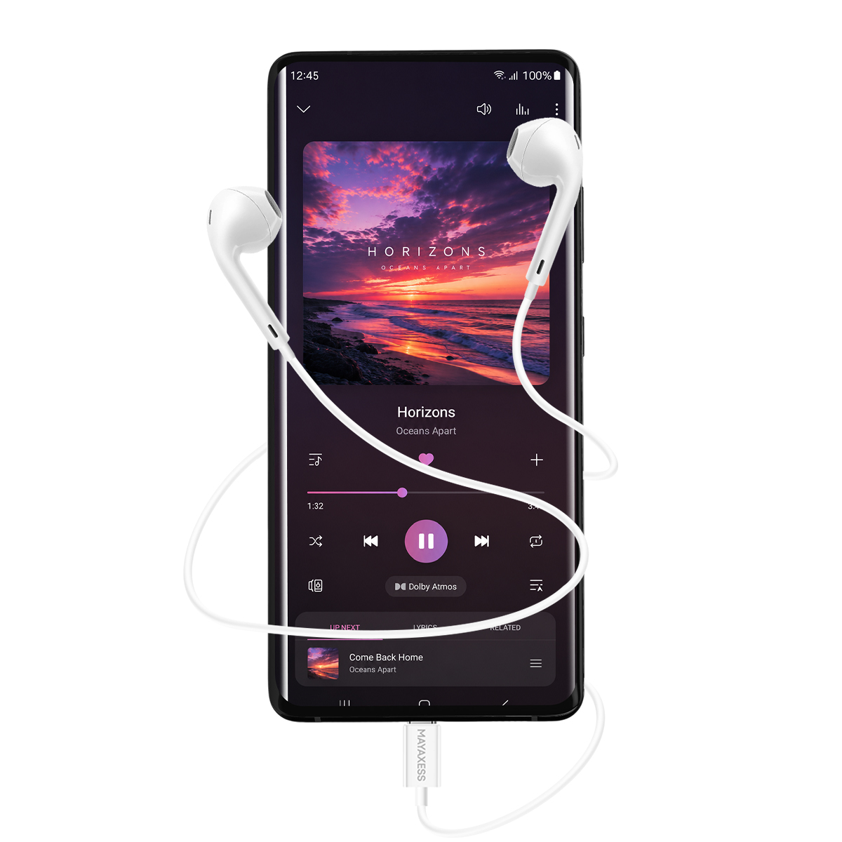 Uno smartphone con auricolari, che mostra la riproduzione musicale con un tramonto.