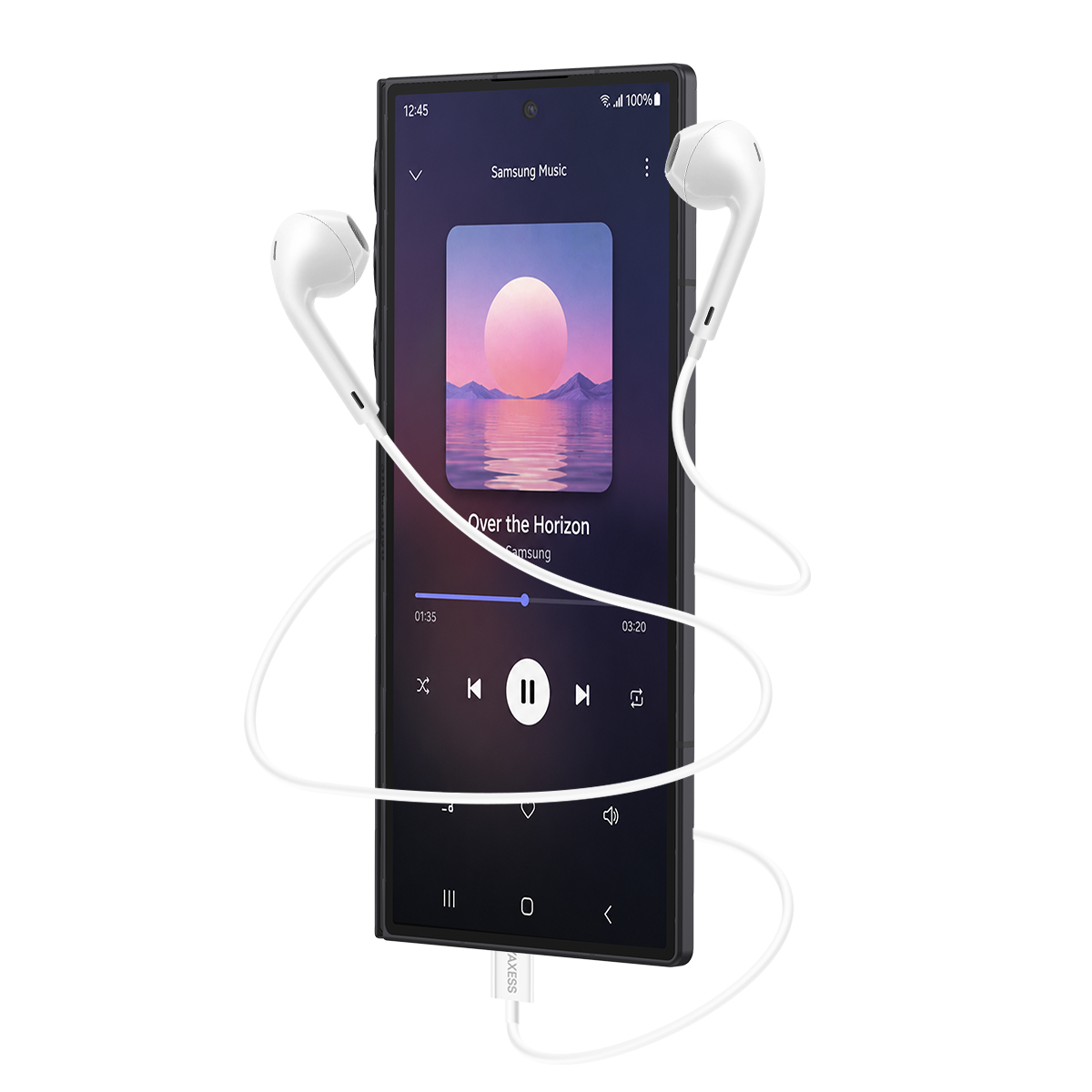 Uno smartphone che riproduce musica con auricolari collegati.
