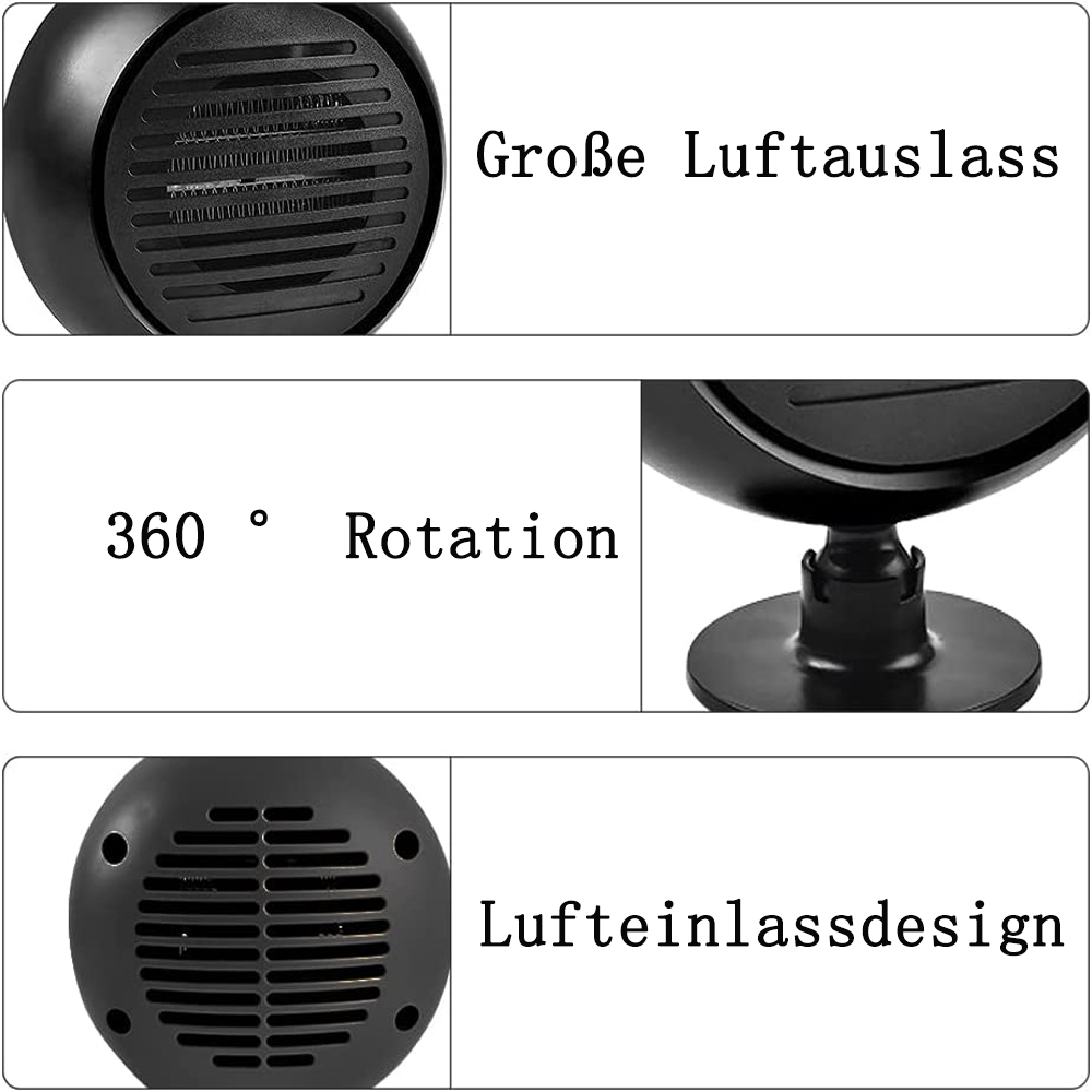 Schwarzer Lüfter mit großem Luftauslass, 360° Drehung und Lufteinlassdesign.