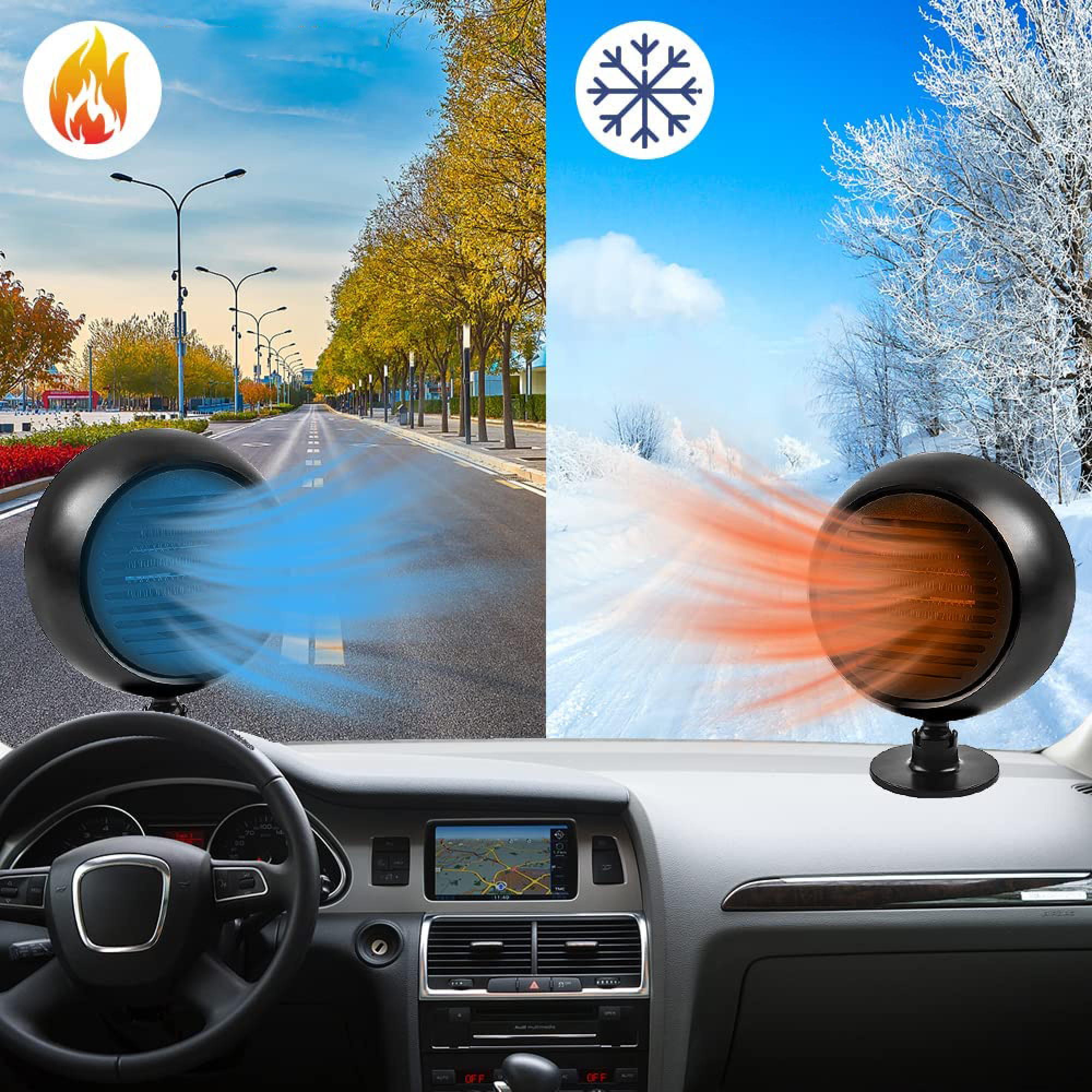 Ein Auto-Heizer/Lüfter im Innenraum, der Wärme/Kälte in zwei Szenarien ausstößt: Sommerstraße und Winterlandschaft.