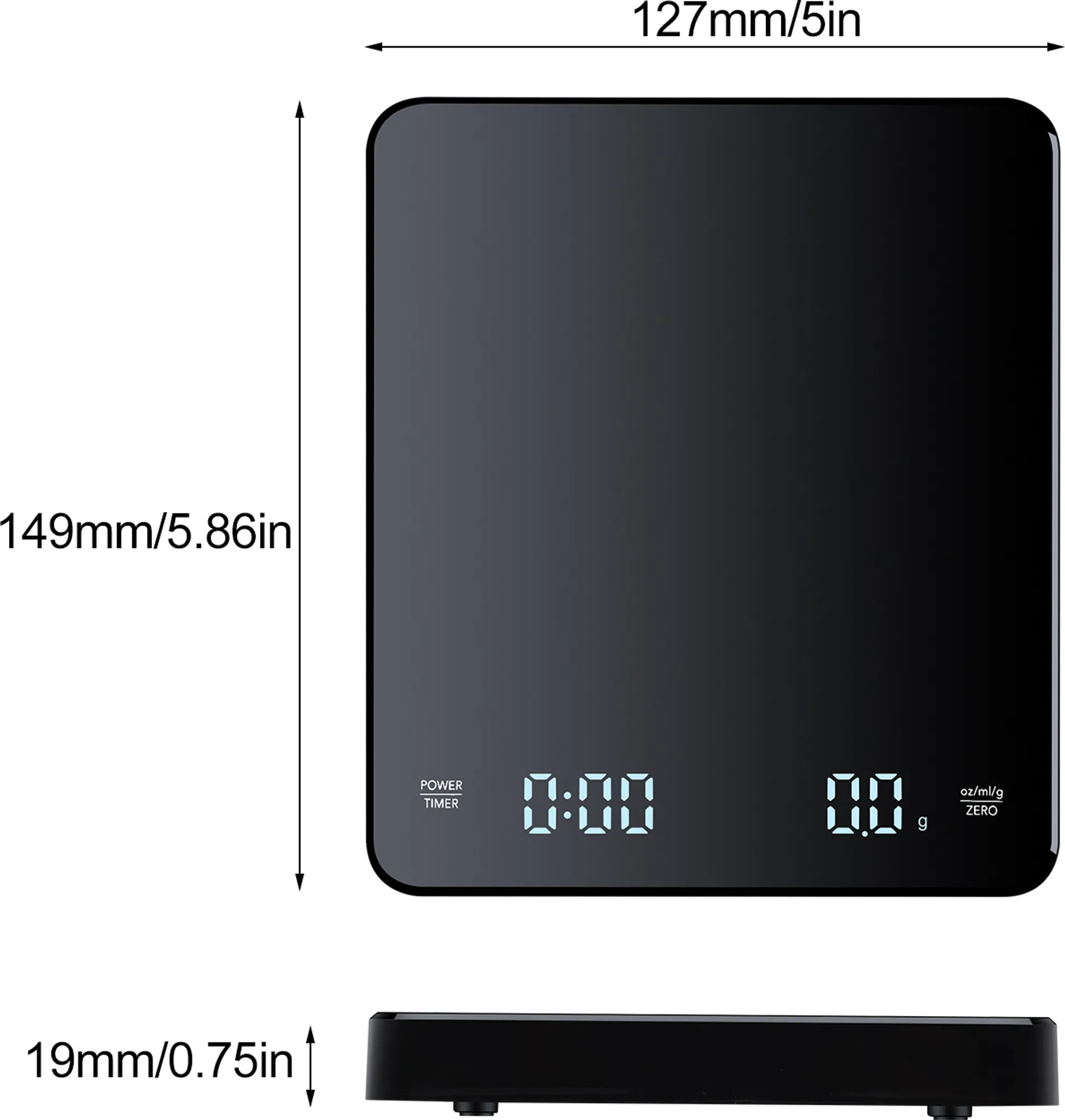 Schwarze Digitalwaage mit Maßen 127x149x19mm, zeigt 0:00 Zeit und 0.0g Gewicht.