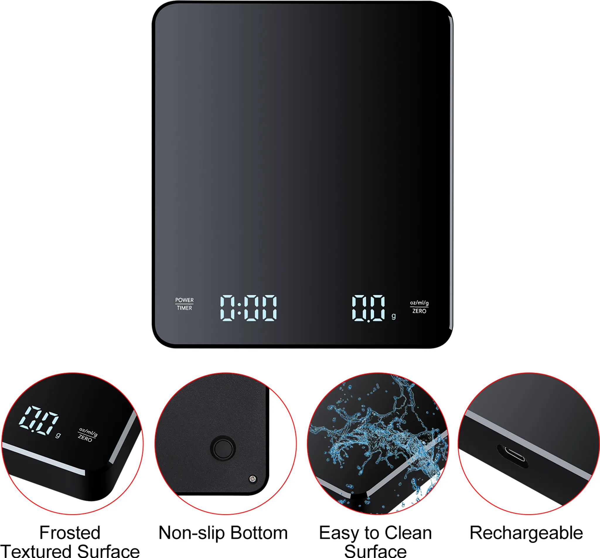 Schwarze digitale Küchenwaage mit "0.0" Anzeige und Details.