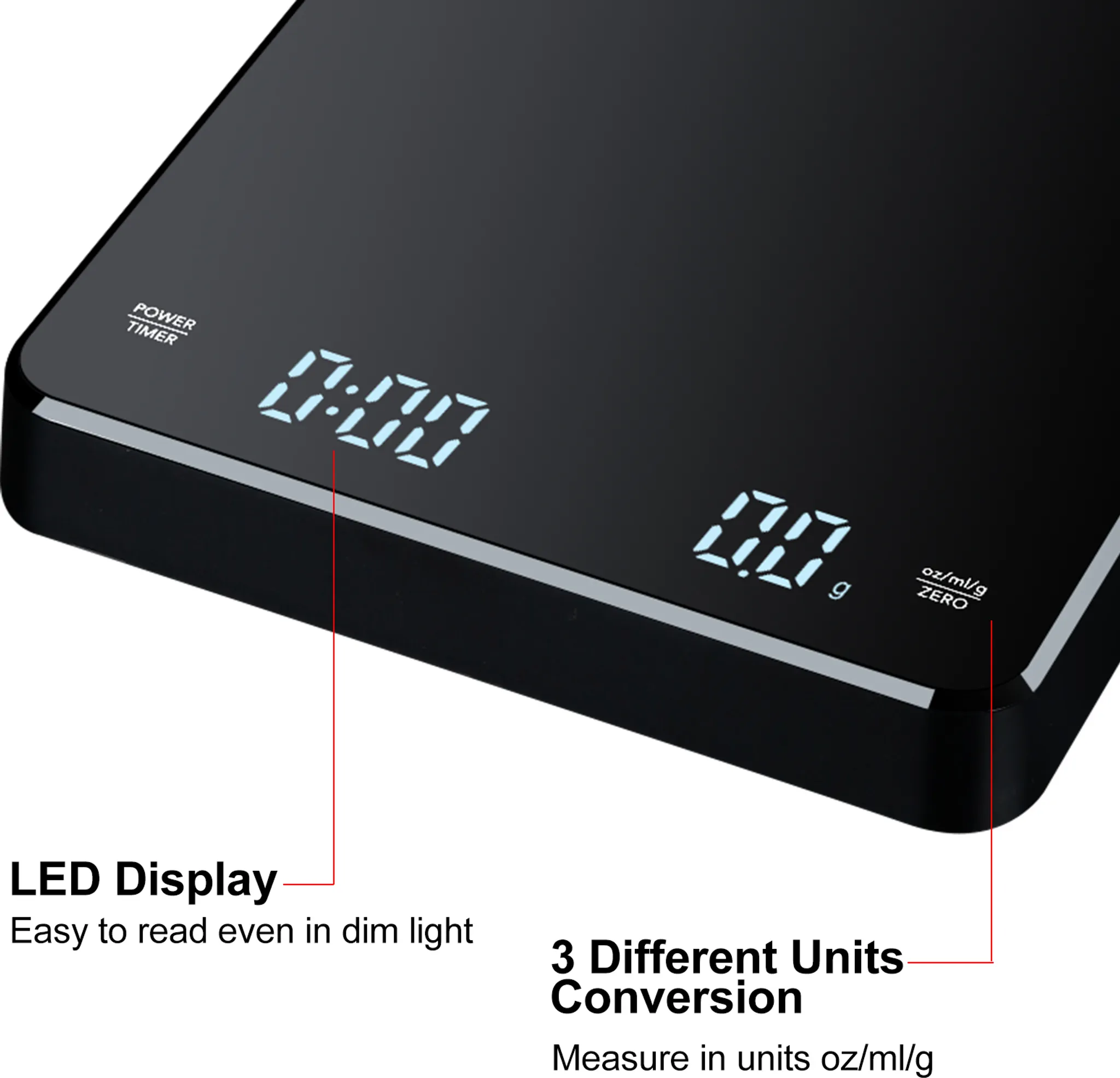Schwarze Digitalwaage mit LED-Anzeige, zeigt 0:00 und 0.0g an.
