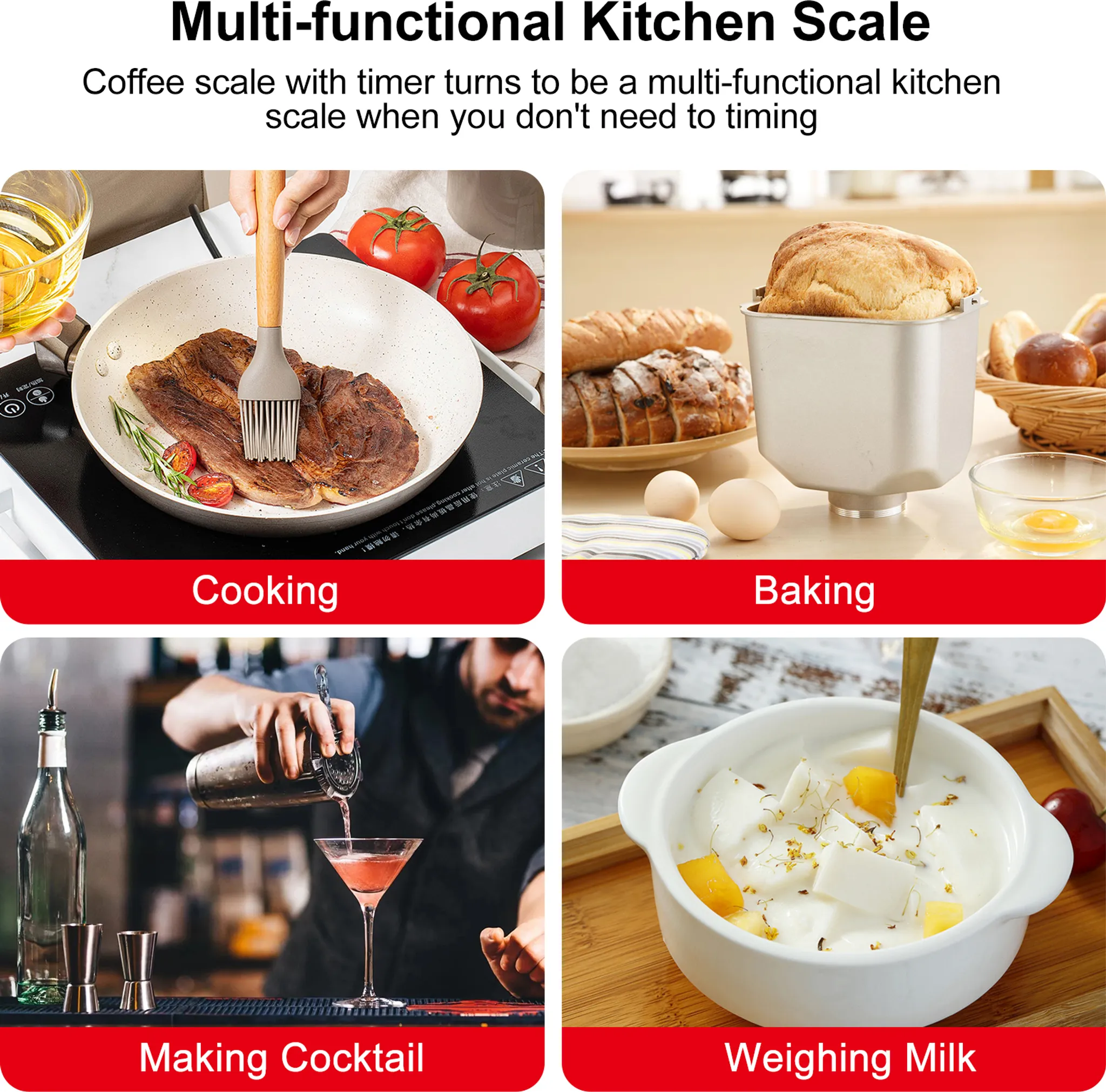 Kochen: Fleisch wird in Pfanne gebraten, Backen: Brot in Maschine, Cocktail mixen, Milch abwiegen.