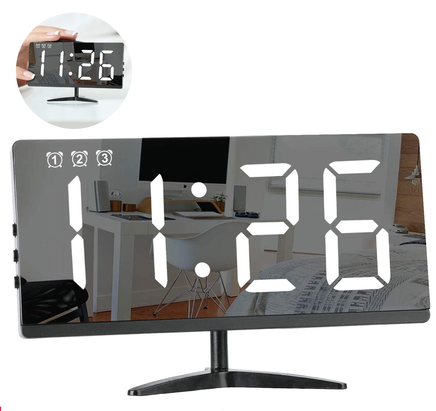 Digitaluhr zeigt 11:26 mit Spiegelreflexion eines Schreibtisches und Bettes.