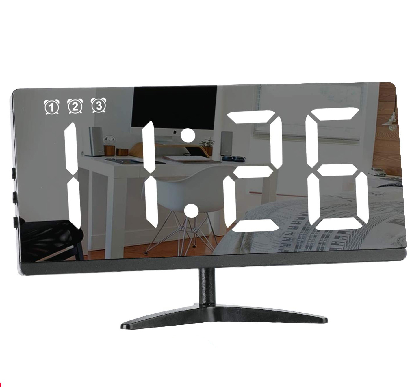 Digitaluhr zeigt 11:26. Reflektierende Oberfläche, schwarzer Ständer.