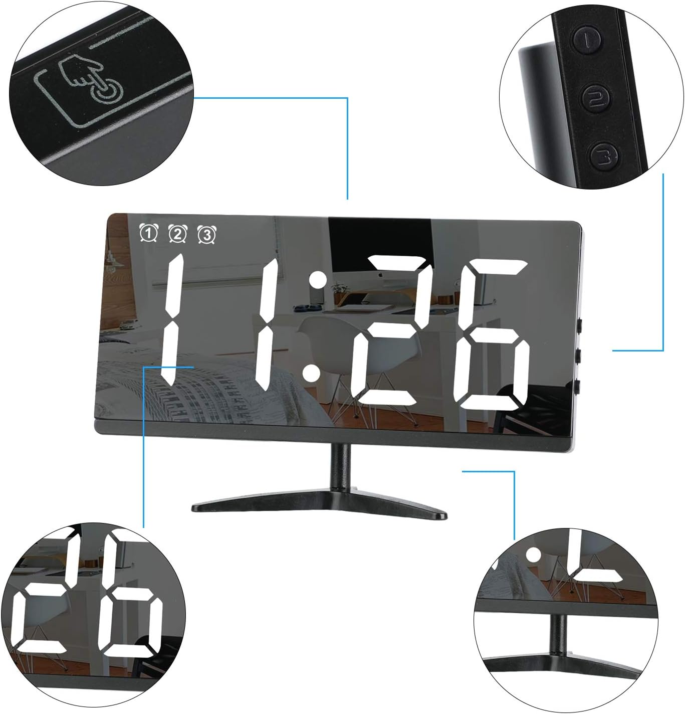 Digitaluhr mit Spiegeloberfläche zeigt 11:26 an, mit hervorgehobenen Knöpfen.