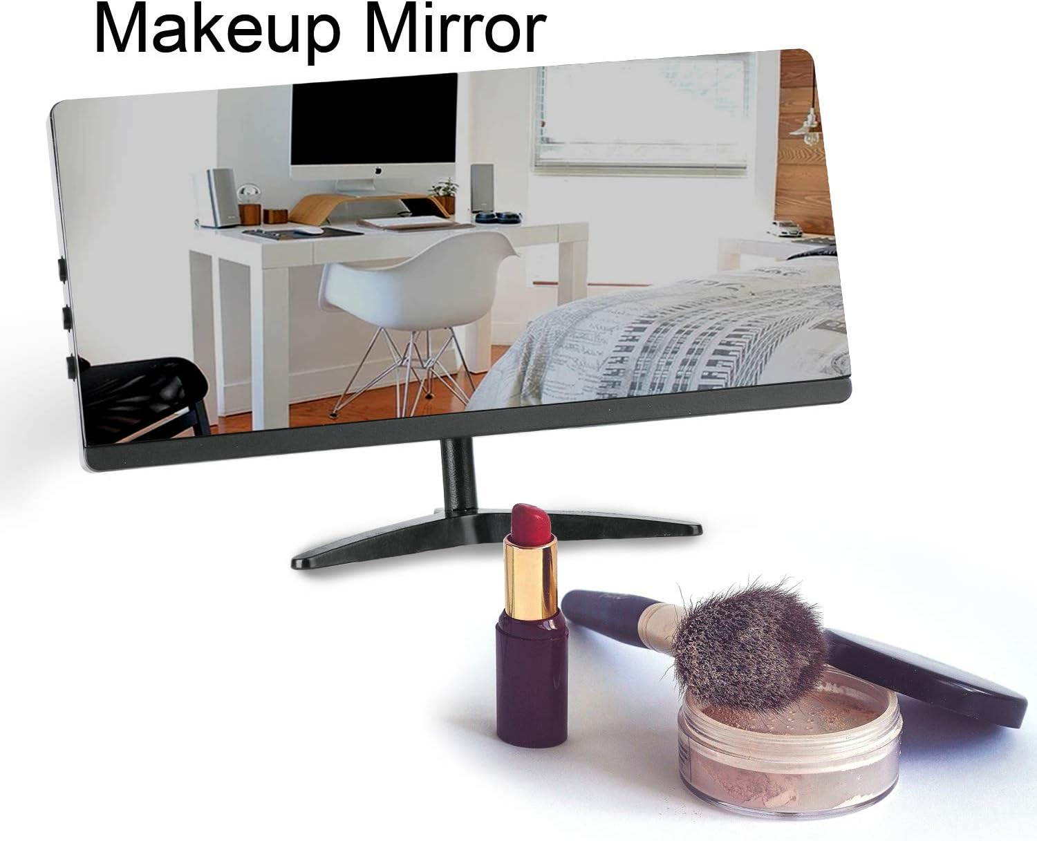 Kosmetikspiegel spiegelt Schreibtisch und Bett. Lippenstift, Pinsel und Puder im Vordergrund.