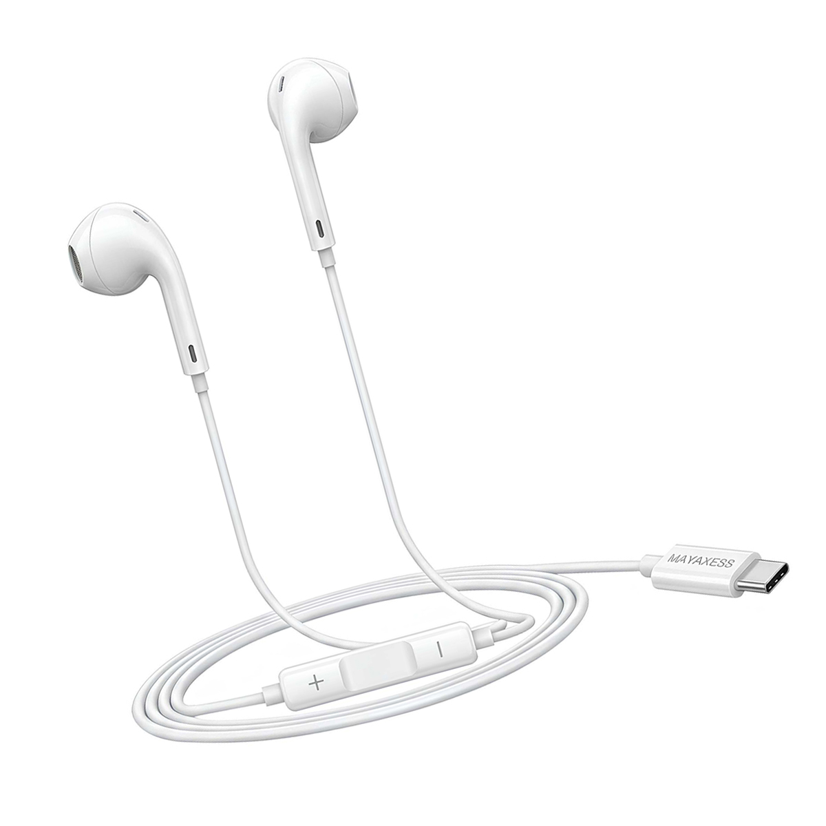 Auricolari bianchi in-ear con connettore USB-C e controllo volume.