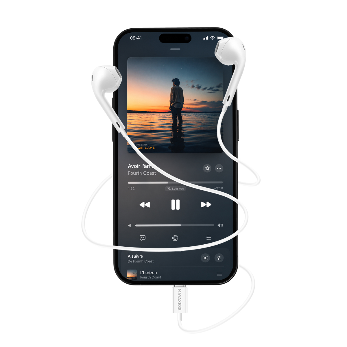 Auricolari bianchi collegati a uno smartphone che mostra un'interfaccia del lettore musicale.