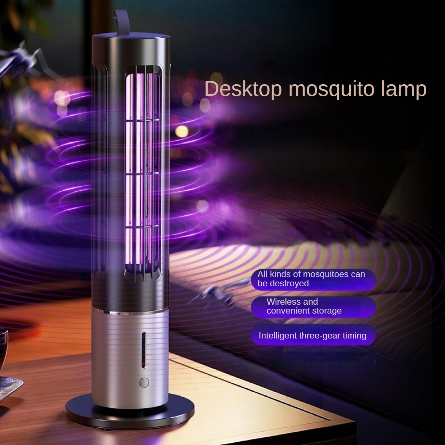 Ein zylindrische Desktop-Mückenlampe mit lila UV-Licht, das Mücken anzieht.